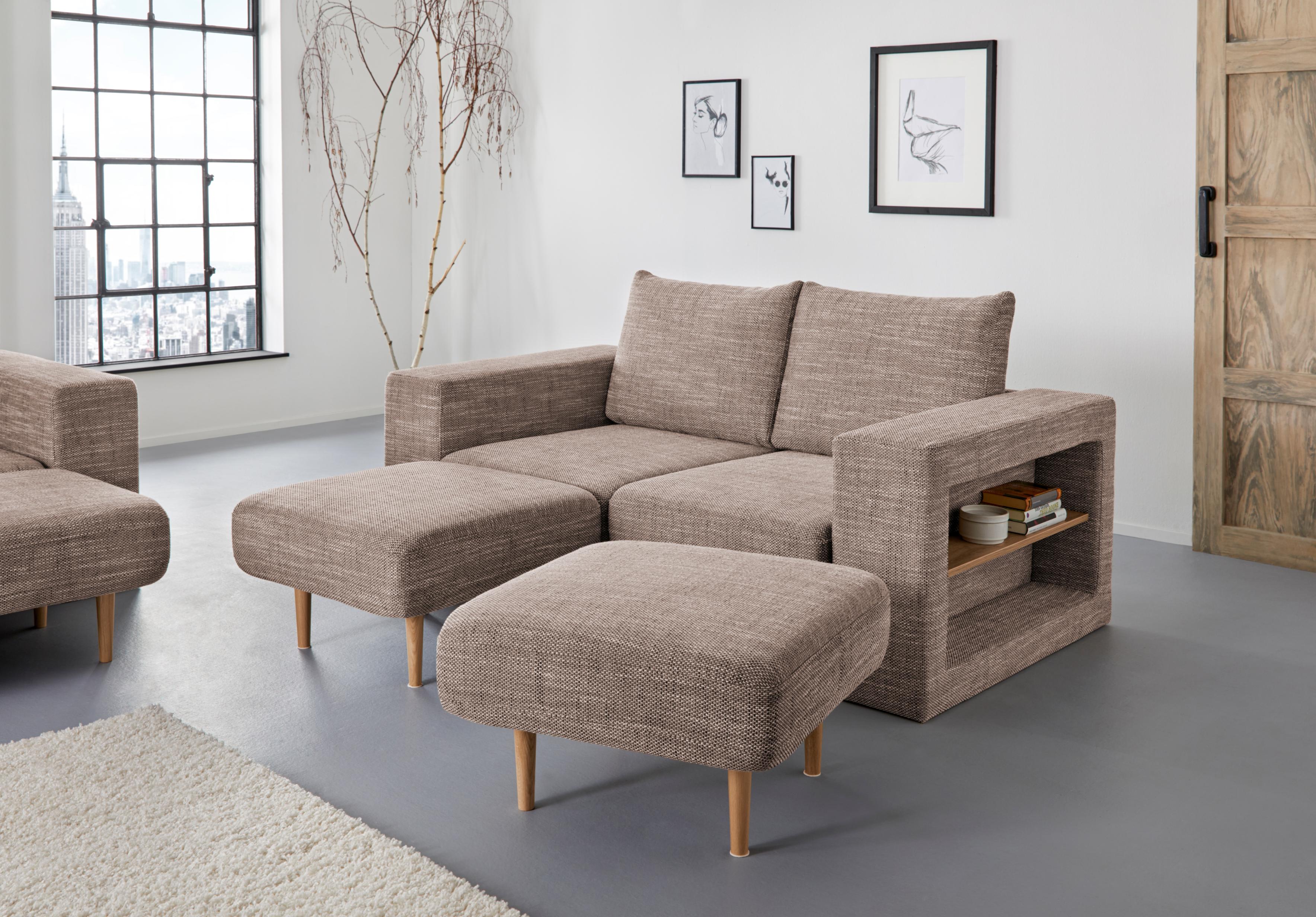 2,5-Sitzer "Looksvb", beige (beige, braun), B:192cm H:96cm T:107cm, LOOKS BY WOLFGANG JOOP, Sofas, 2 5-Sitzer, Verwandlungssofa: aus Sofa wird Sofa mit 2 Hockern, mit Regalfunktion