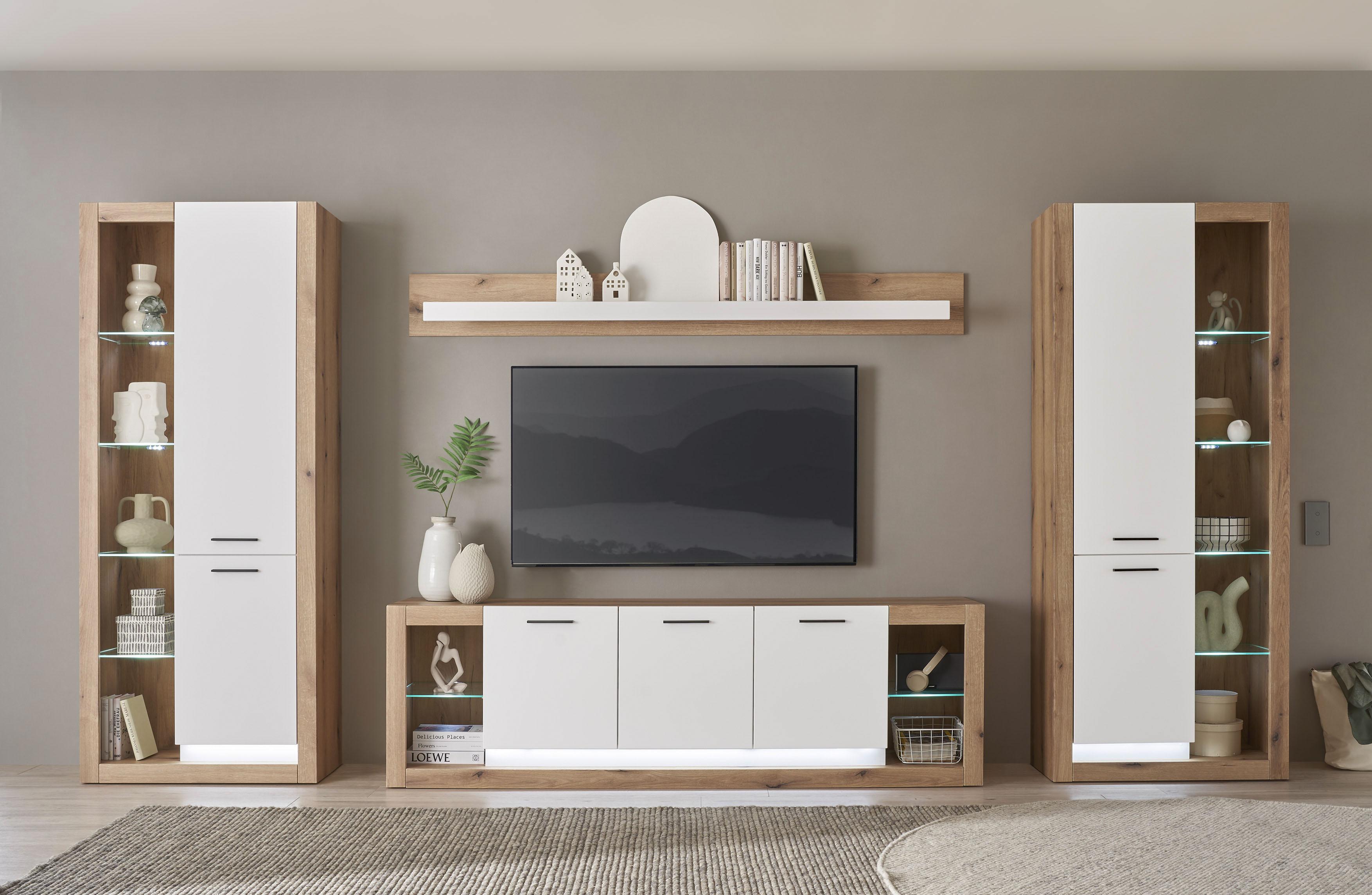 Wohnwand HOME AFFAIRE "Brixen, moderne Anbauwand, Wohnzimmer-Set, Eiche Evoke Dekor mit Weiß", weiß (eiche evoke, weiß), B:398cm H:195cm T:43cm, Holzwerkstoff, Kastenmöbel-Sets, Wohnwand, enthält Stauraumelemente, Lowboard und Wandboard