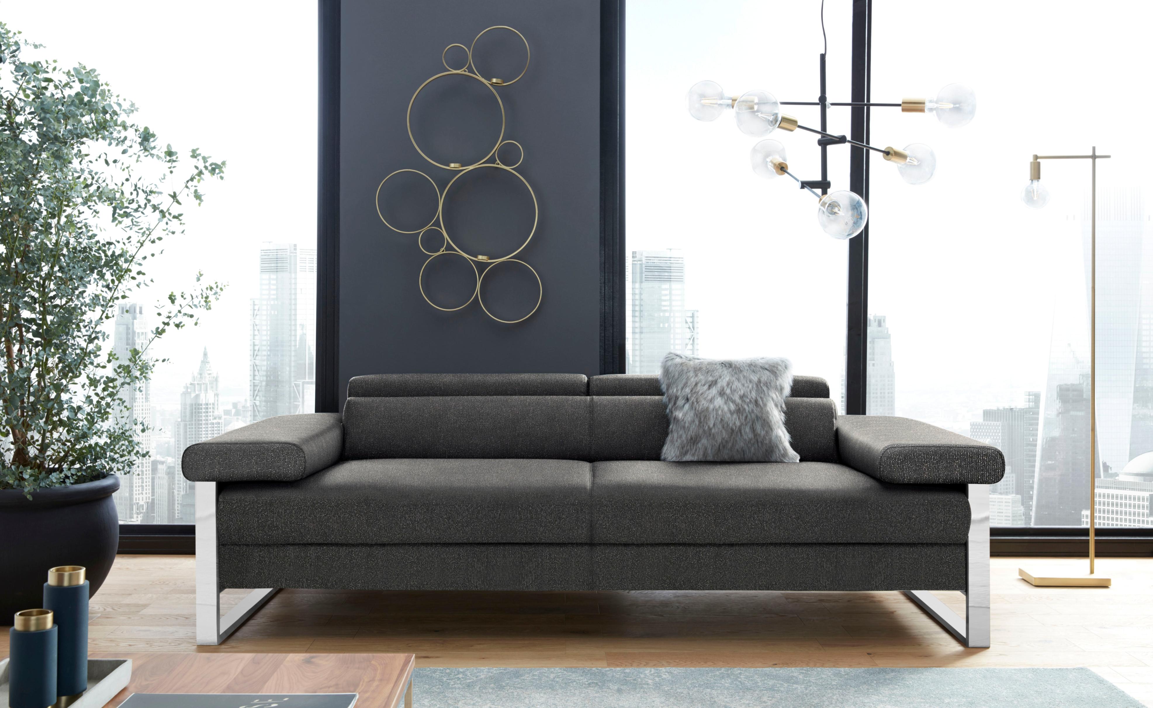 2-Sitzer W.SCHILLIG "finn", grau (anthrazit s22), B:230cm H:71cm T:106cm, Flachgewebe S22 (100% Polyester);Stoff S37 (100% Polyester);Longlife Xtra-Leder Z59: Glattleder mit modischer Prägung. Hautstärke 0, 9 - 1, 1 mm, Sofas, 2-Sitzer, German Design Award 2016, Fußgestell Chrom glänzend, Breite 230 cm