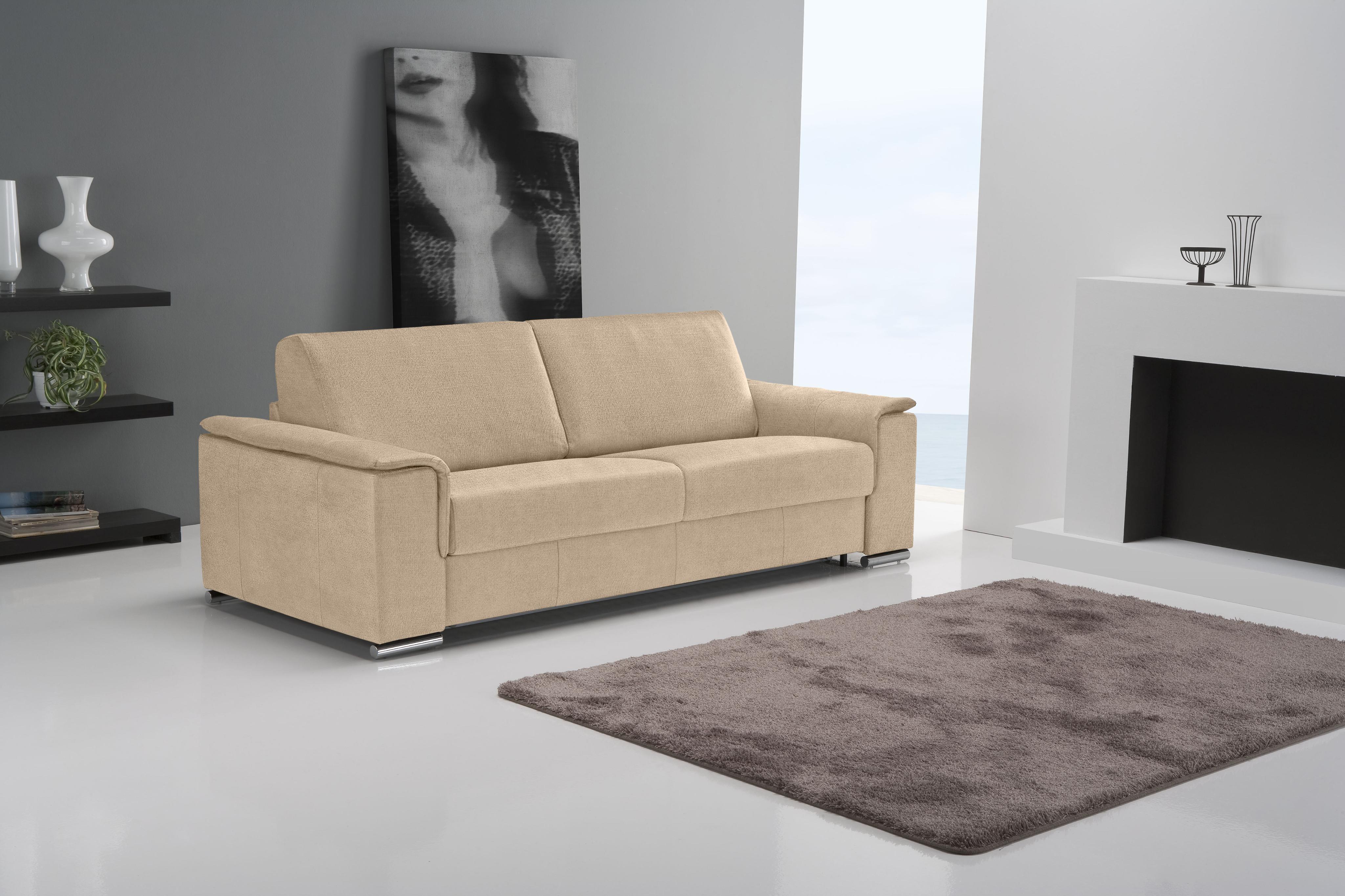Schlafsofa EGOITALIANO "Cecilia, modern & elegant, erstklassiger Sitzkomfort, Dauerschläfer", beige (champagner), B:234cm H:85cm T:102cm, Leder »BULL« (echtes Rindsleder). Geschliffenes, pigmentiertes und behandeltes Rindsleder mit einer Dicke von 1, 3-1, 5 mm. Dieses Leder zeigt eine ziemlich weiche Hand mit einem halb undurchsichtigen Aussehen. Es handelt sich um ein geschütztes Leder. Eine leic
