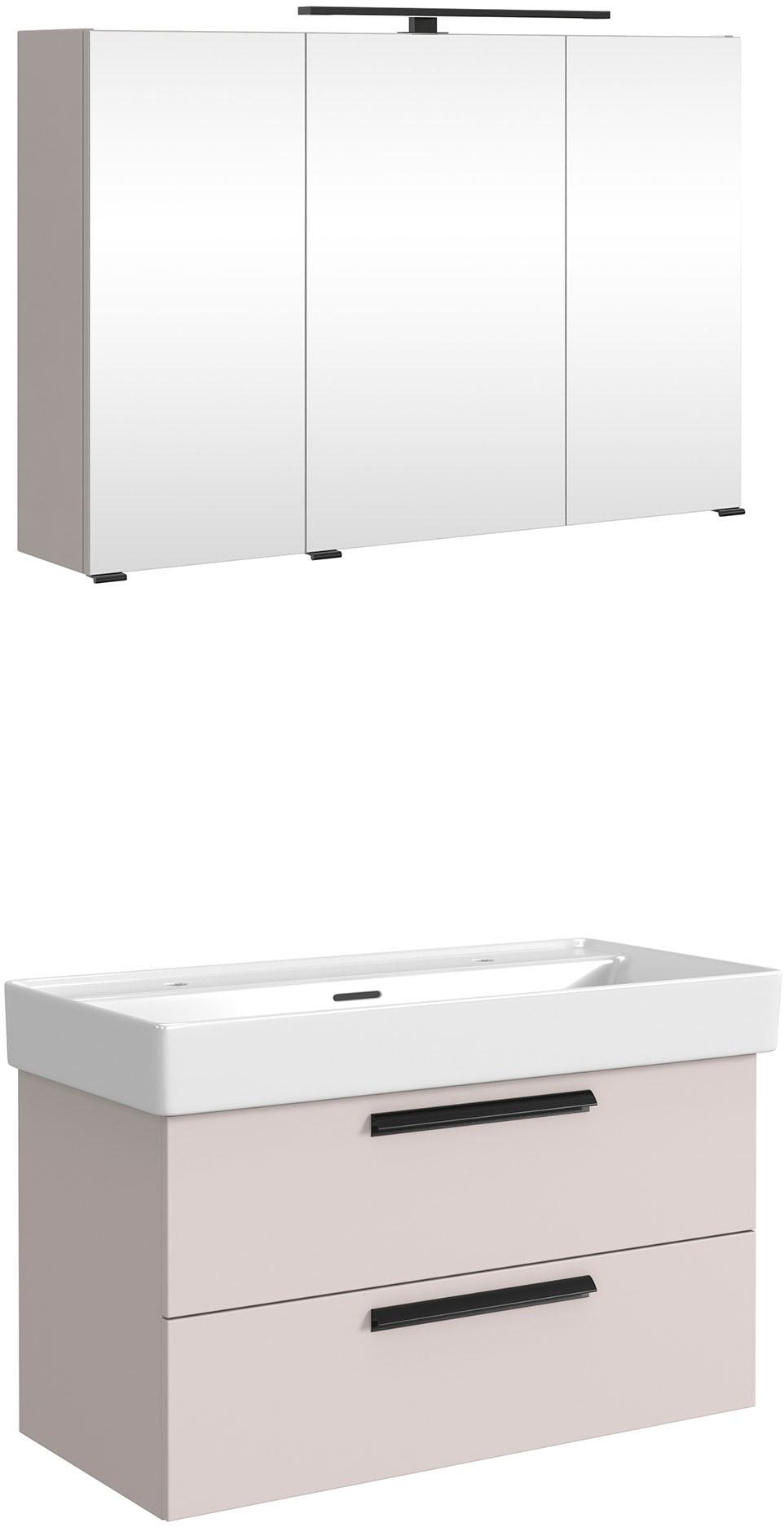 Badmöbel-Set WELLTIME "SALVADA, 2tlg-Set, gedämpfte Scharniere, Softclose, Keramikbecken", kaschmir, B:100cm H:200cm T:47,5cm, MDF, Kastenmöbel-Sets, Badmöbel-Set, Kaschmir, Keramikbecken 1 od. 2 Armaturlochbohrungen