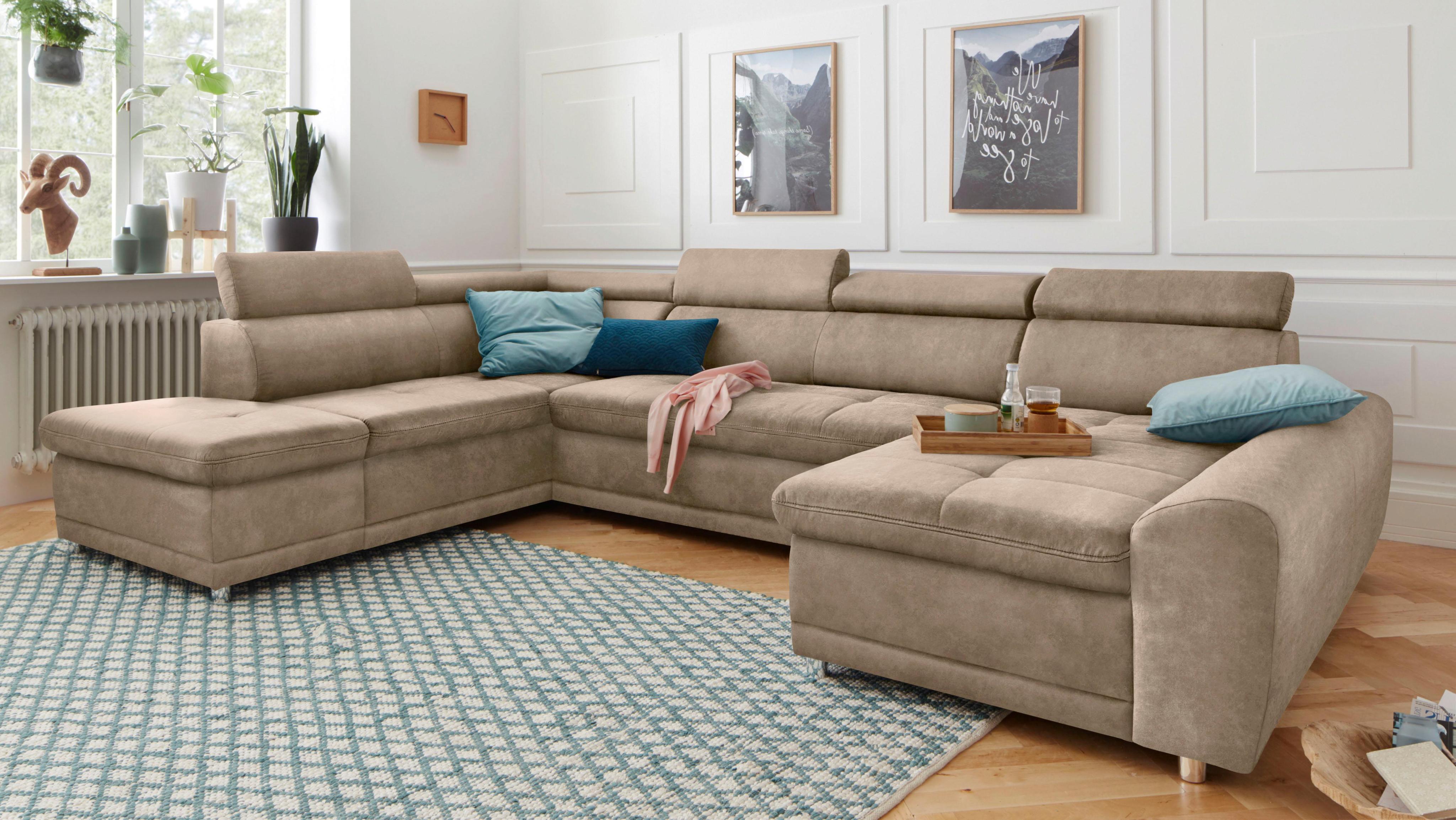 Wohnlandschaft SIT & MORE "Riva U-Form", beige, B:337cm H:92cm T:95cm, Struktur (100% Polyester);Flachgewebe (100% Polyester);Luxus-Microfaser (100% Polyester), Sofas, Wohnlandschaft, wahlweise mit Bettfunktion