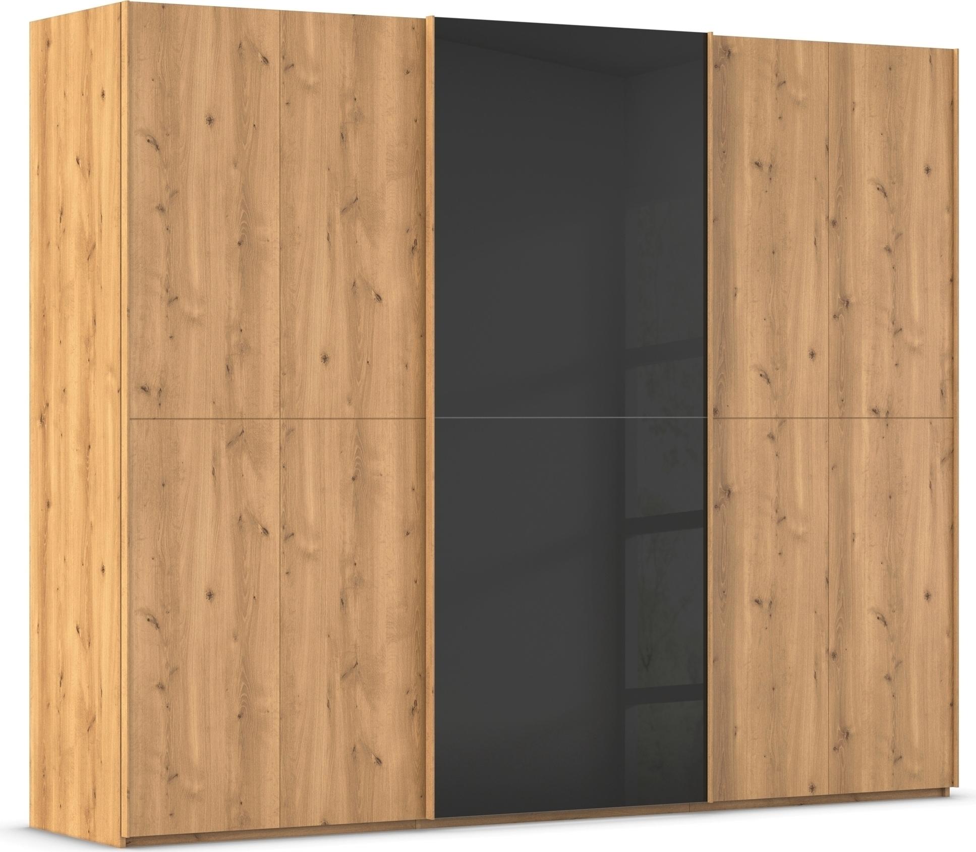 Schwebetürenschrank RAUCH "Kleiderschrank Schrank Garderobe Schlafzimmerschrank SCALE-WOOD", schwarz (asteiche massiv, glas schwarz), B:271cm H:223cm T:68cm, Holz teilmassiv, Schränke, Schwebetürenschrank, edle geteilte Front in massiver Asteiche mit Glastüren MADE IN GERMANY