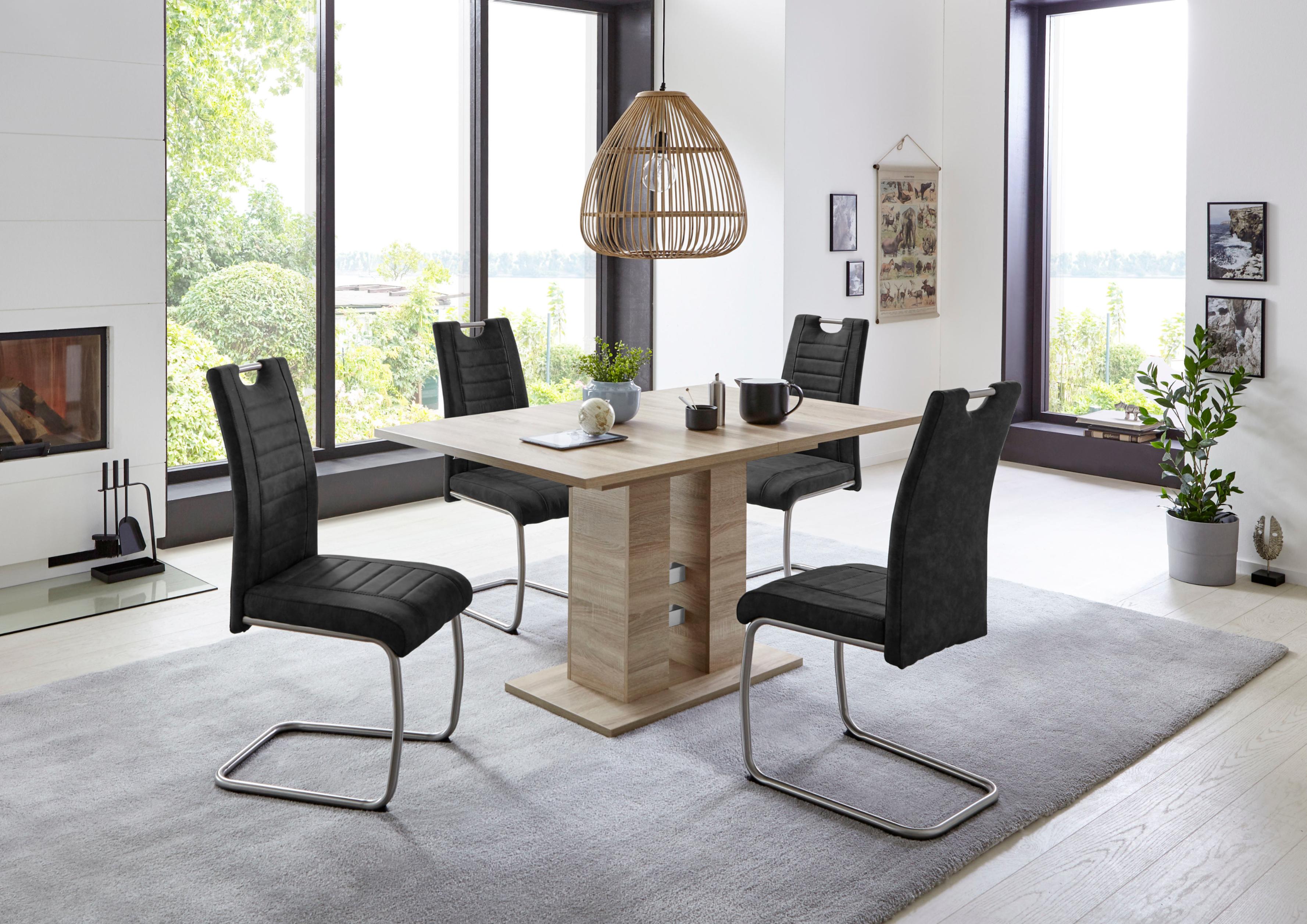 Essgruppe HELA "Ulla", schwarz (sonoma eiche, vintage anthrazit, anthrazit, edelstahl), Microfaser VINTAGE, Einlegeplatte, Sonoma Eiche/Schlamm, Holzwerkstoff, Sitzmöbel-Sets, Essgruppe, ausziehbar 140 - 220 cm, Edelstahl, 140 Kg Belastbar