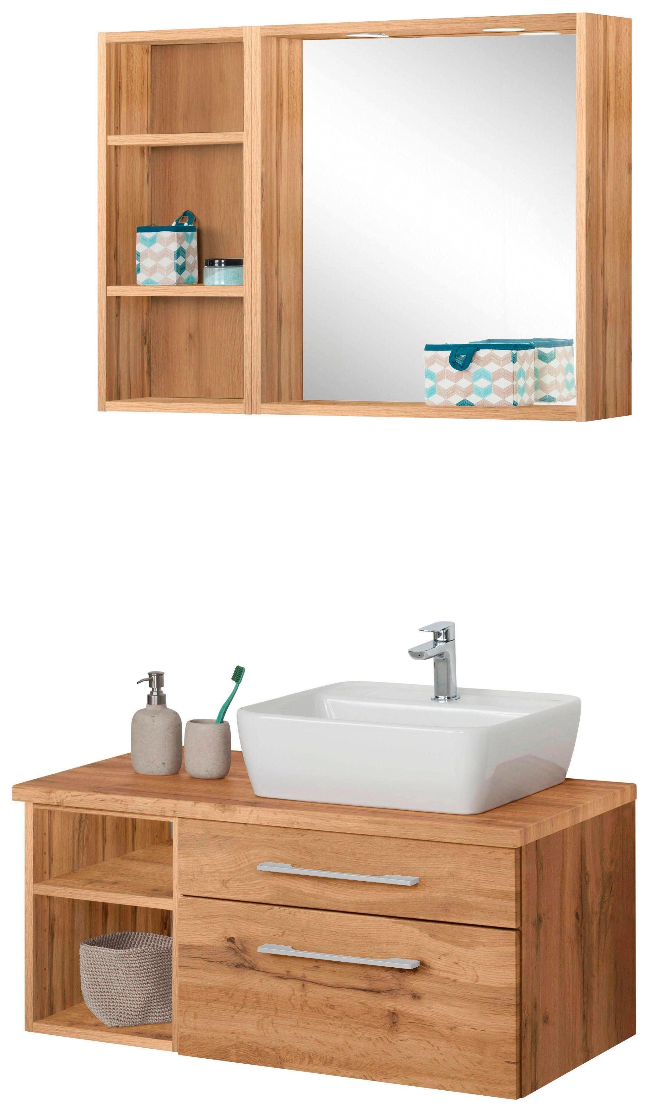 Badmöbel-Set WELLTIME "Davos", braun (eichefarben), Becken rechts, Kastenmöbel-Sets, Badmöbel-Set, Waschplatz mit Regal und Spiegel