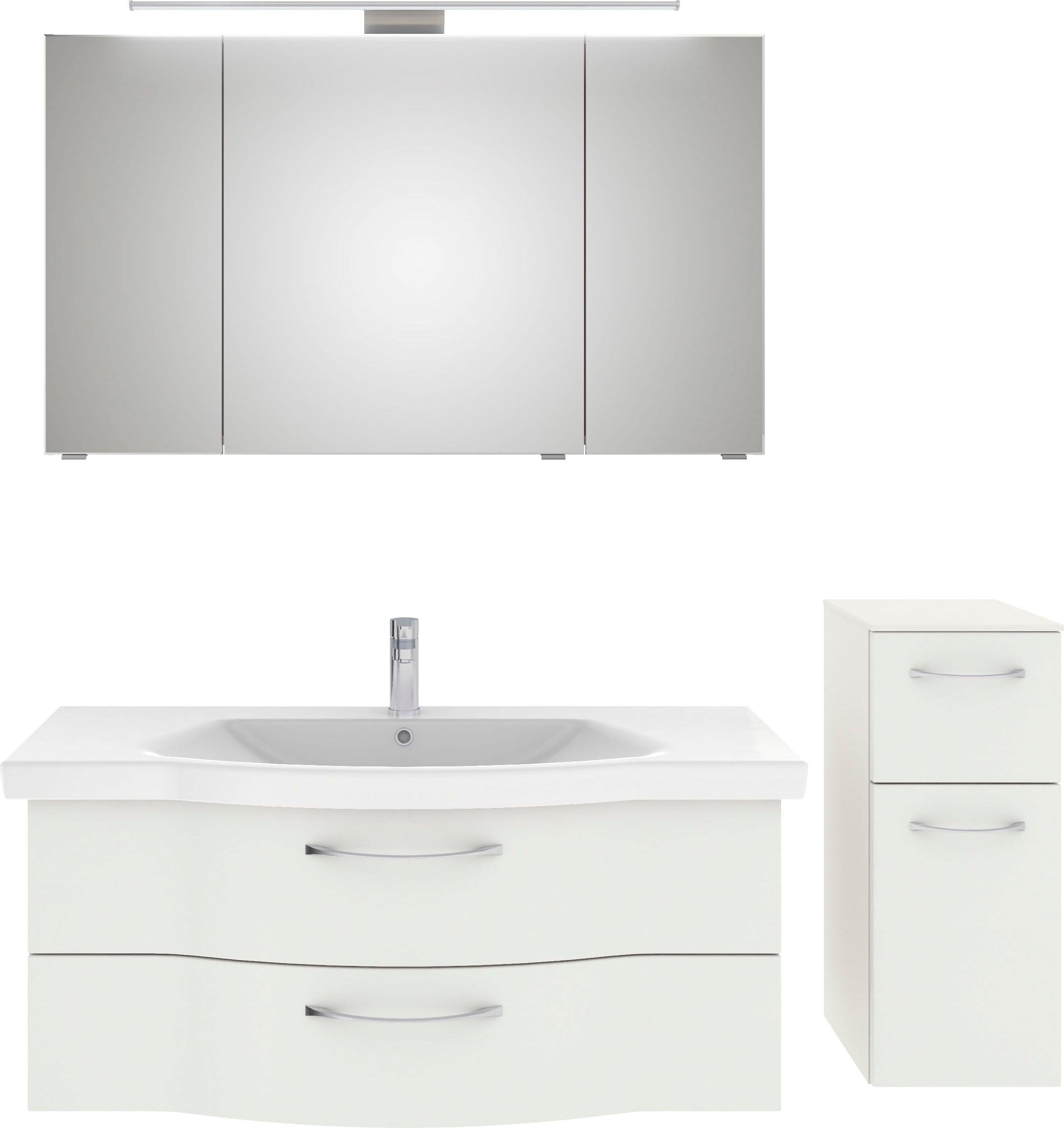 Badmöbel-Set SAPHIR "6005 Sprint 3-teilig, Keramik-Waschtisch mit LED-Spiegelschrank", weiß (weiß hochglanz, weiß glanz), B:152cm H:200cm T:51,5cm, Holzwerkstoff, Kastenmöbel-Sets, Badmöbel-Set, Unterschrank, inkl. Türdämpfer, 4 Türen, 3 Schubladen, Bad-Set