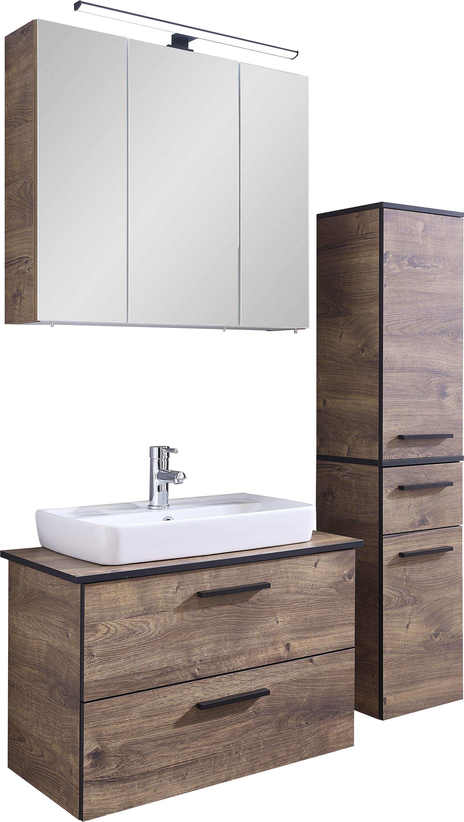 Badmöbel-Set SAPHIR "Quickset 374 3-teilig, Keramik-Aufsatzbecken und LED-Spiegelschrank", braun (eiche ribbeck quer nachbildung), B:75cm H:200cm T:44,5cm, Holzwerkstoff, Kastenmöbel-Sets, Badmöbel-Set, Midischrank, inkl. Türdämpfer, 5 Türen, 3 Schubladen, Bad-Set