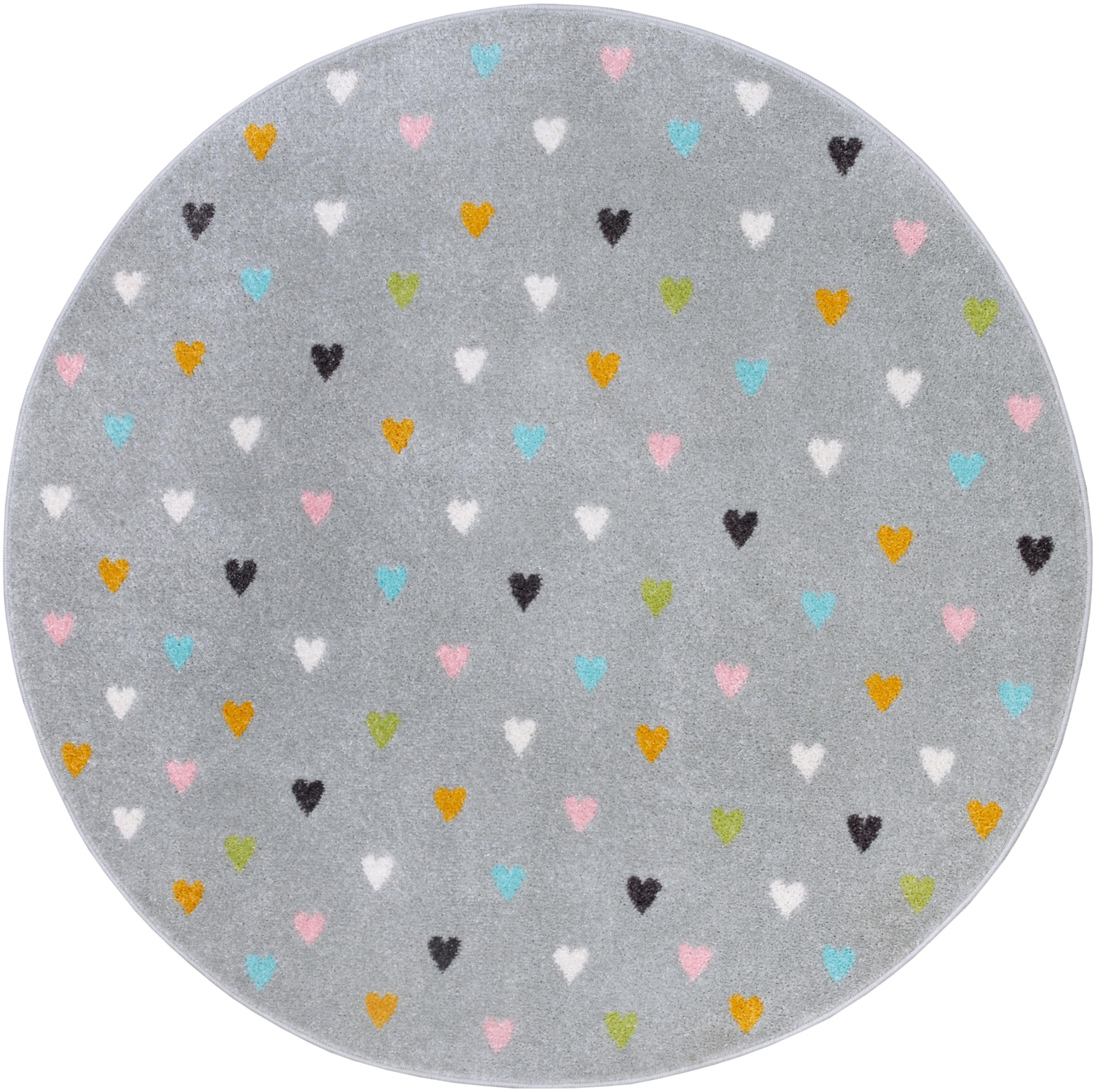 Kinderteppich HANSE HOME "Adventures Little Hearts", bunt (grau,multifarben), H:7mm Ø:140cm, Polypropylen, Teppiche, Kinderteppich, Spielteppich, fest, Kinderzimmer, Kurzflor, Spielunterlage