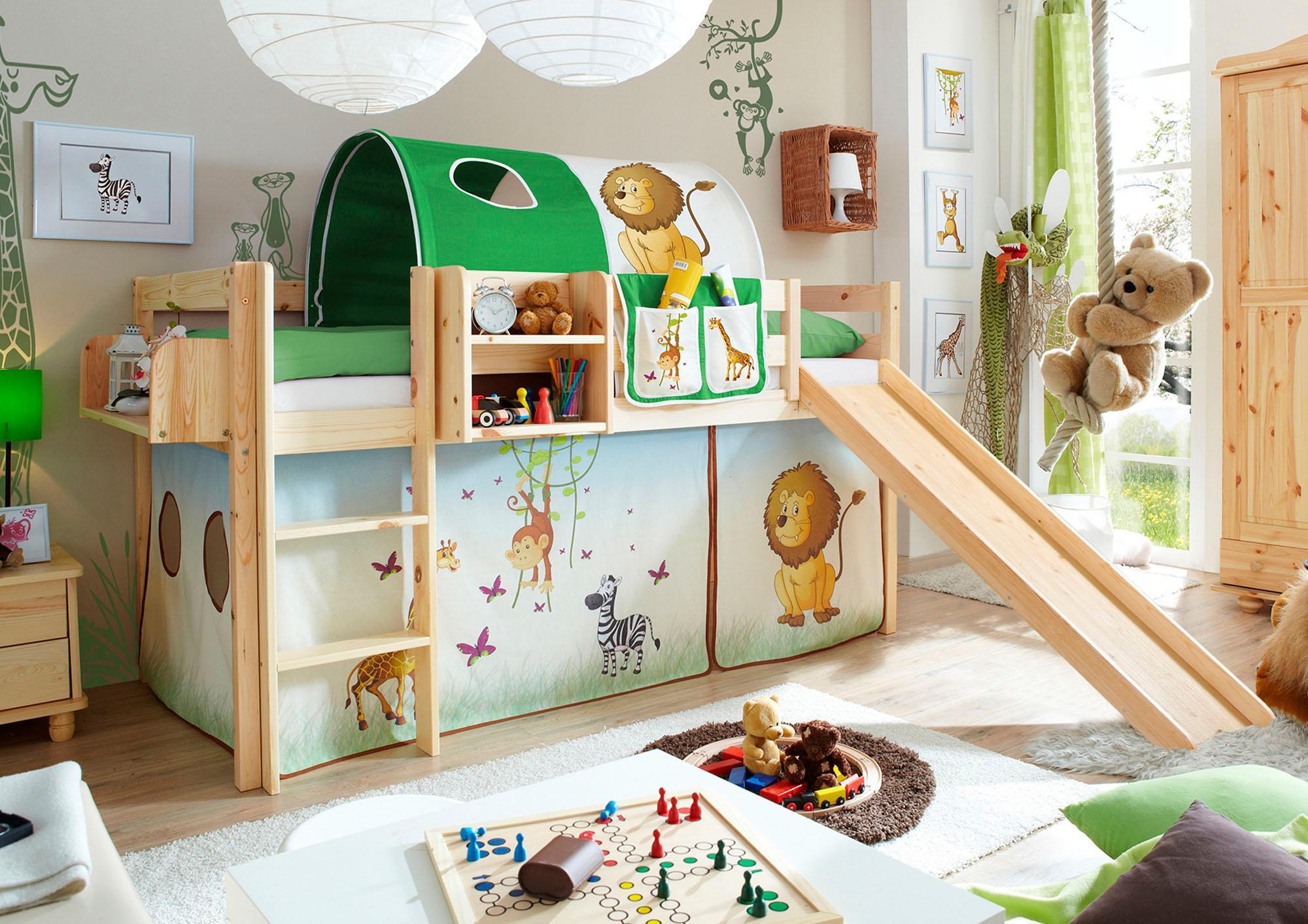 Hochbett TICAA "Manuel", beige (kiefer massiv natur, safari), B:217cm H:114cm L:205cm, Hochbetten, Hochbett, Rollrost und Textil-Set wahlweise mit Matratze, Kiefer massiv natur