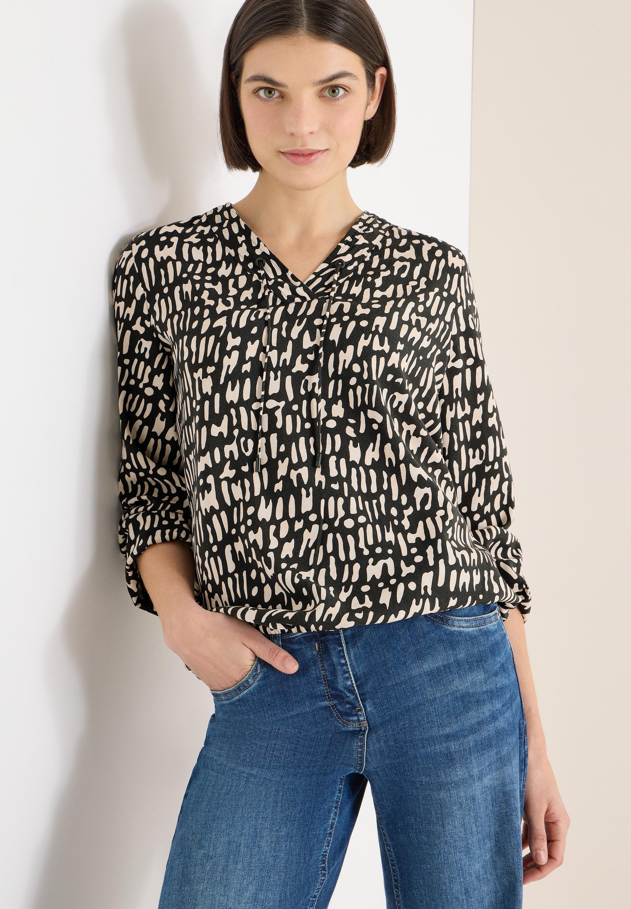 Langarmbluse CECIL, Damen, Gr. L (42), raw khaki, Web, Obermaterial: 100% Viskose, gemustert, hüftbedeckend, V-Ausschnitt, elastischer Bund mit Gummizug, Blusen Langarmbluse, mit Tunnelzug und grafischem Muster