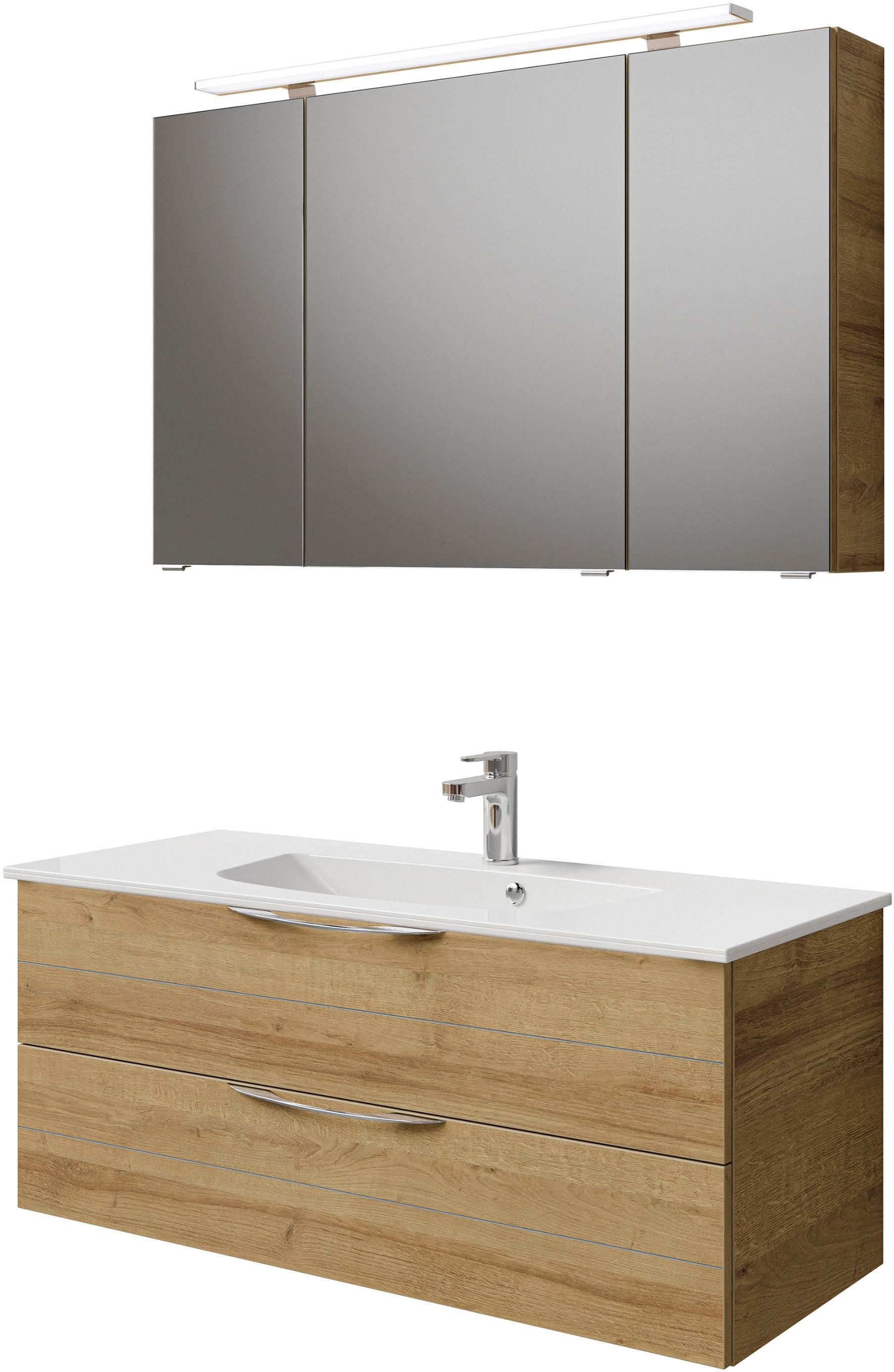 Badmöbel-Set SAPHIR "Serie 6025 2-teilig Mineralmarmor-Waschtisch mit LED-Spiegelschrank", braun (riviera eiche quer nb), B:117cm H:200cm T:48cm, Holzwerkstoff, Kastenmöbel-Sets, Badmöbel-Set, Waschplatz 117cm breit, 2 Schubladen, 3 Spiegel-Türen, inkl Türdämpfer
