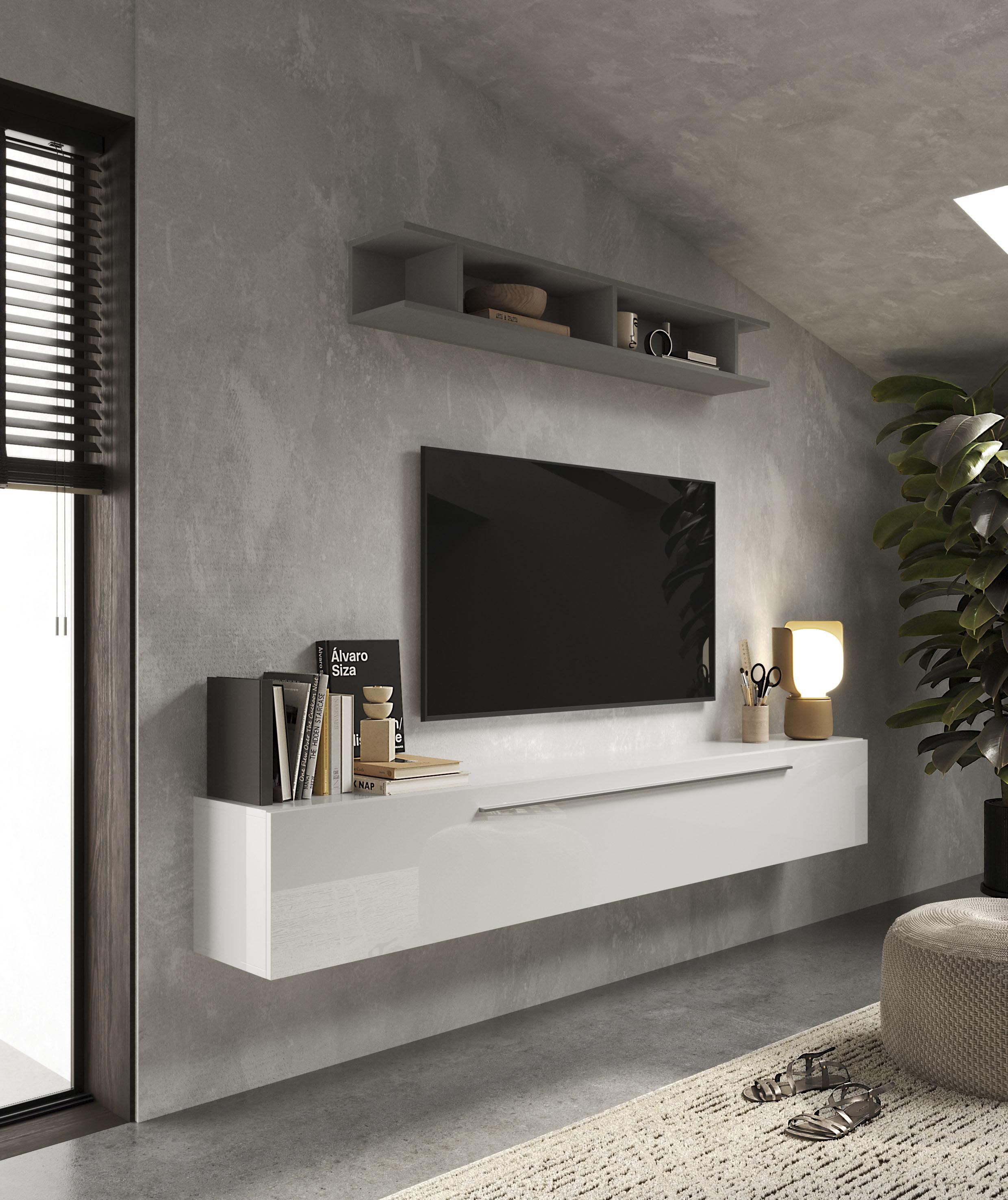 Wohnwand HOME AFFAIRE "Infinity, 2tlg. Breite 210 cm, Höhe variabel, Wohnwand", weiß (steingrau ardesia, weiß hochglanz lack), B:210cm H:180cm T:35cm, Kastenmöbel-Sets, Wohnwand, (Lowboard hängend mit Metallgriff, Wandregal)