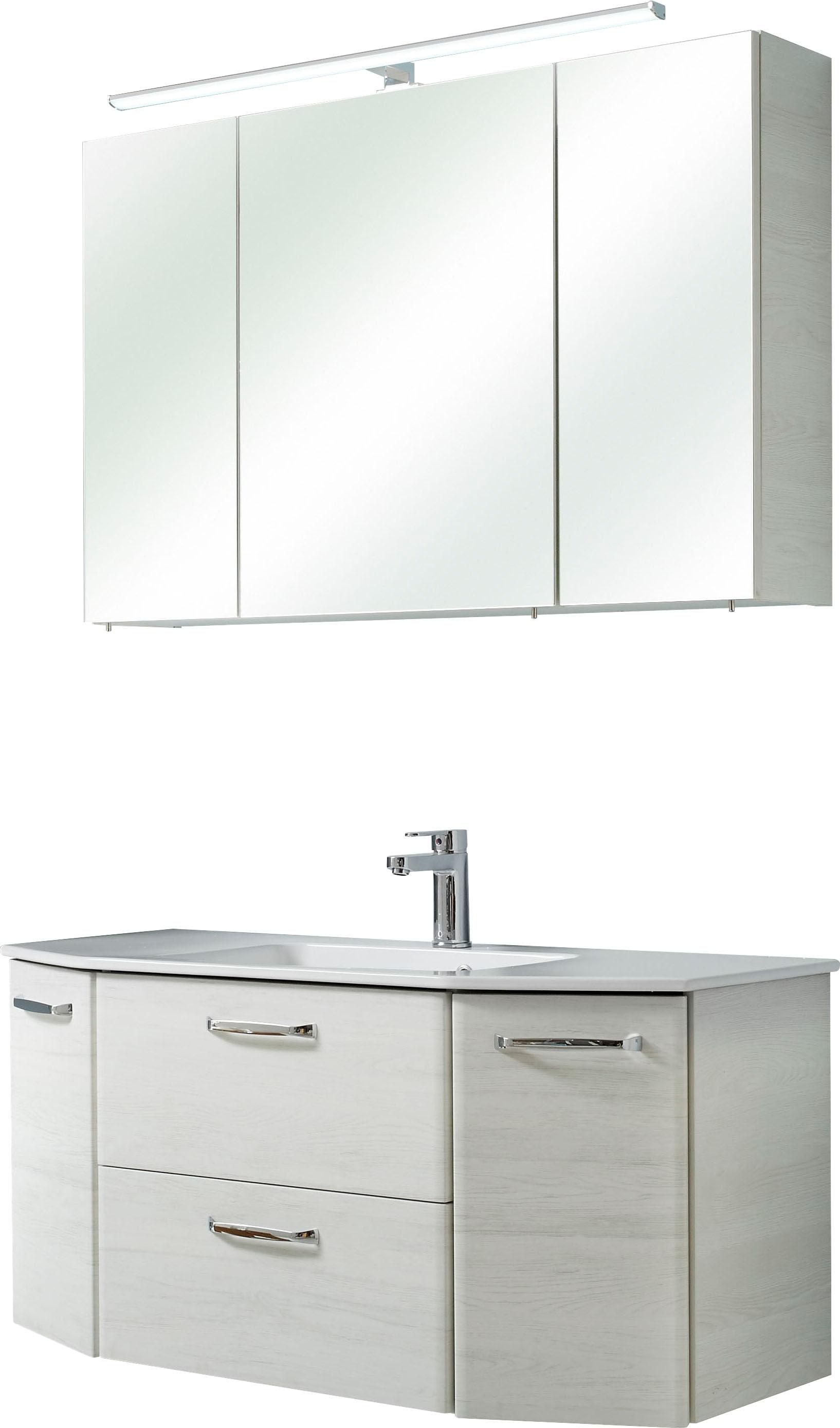 Badmöbel-Set SAPHIR "Quickset 2-teilig, Keramik-Waschtisch mit LED-Spiegelschrank, 5 Türen", weiß (eiche weiß, eiche weiß), Holzwerkstoff, Kastenmöbel-Sets, Badmöbel-Set, Unterschrank mit Waschbecken, inkl. Türdämpfer, Griffe Chrom Glanz