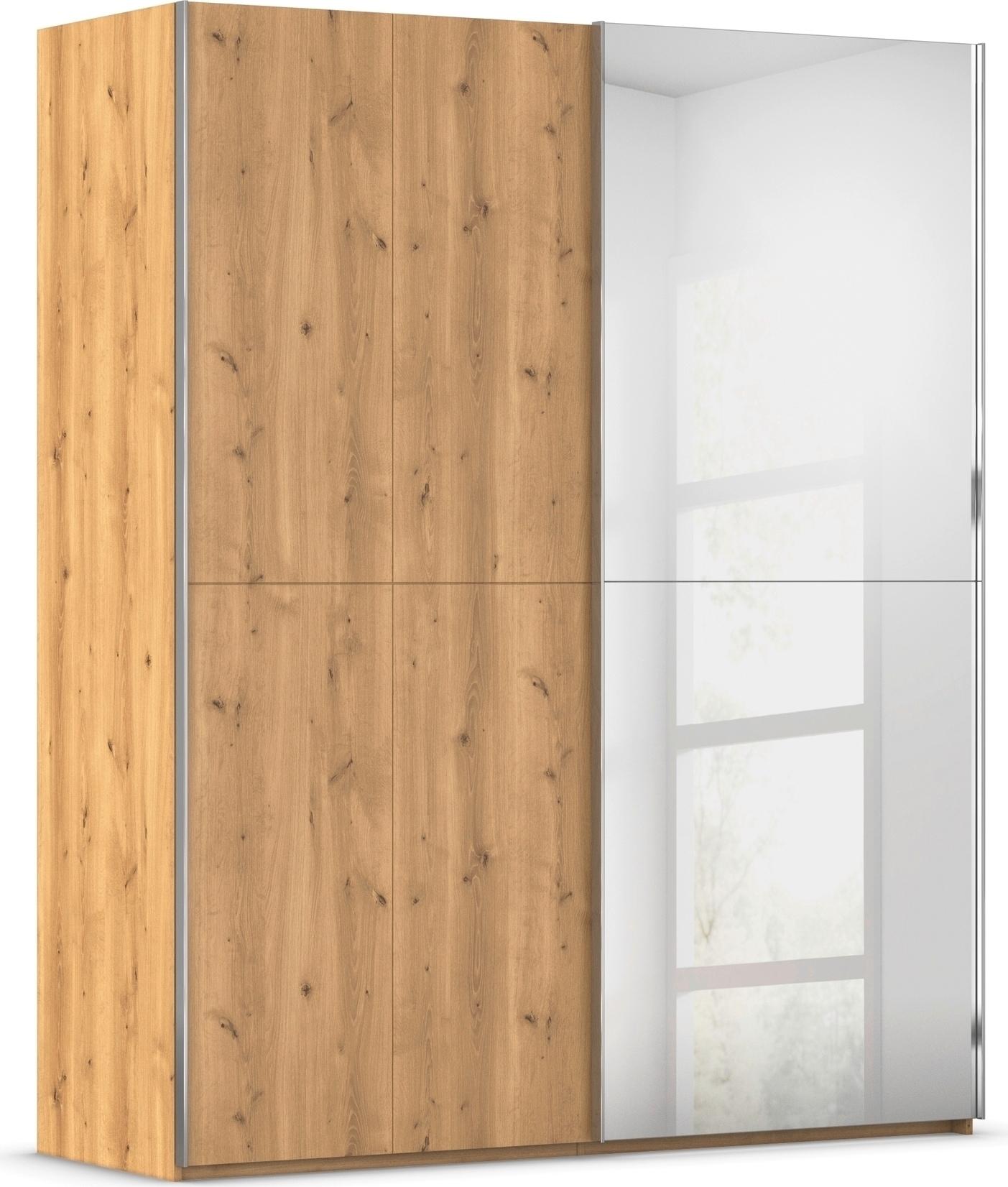 Schwebetürenschrank RAUCH "Kleiderschrank Schrank Garderobe Schlafzimmerschrank SCALE-WOOD", braun (asteiche massiv, griffleisten chrom), B:181cm H:223cm T:68cm, Holz teilmassiv, Schränke, Schwebetürenschrank, edle geteilte Front in massiver Asteiche mit Spiegel MADE IN GERMANY