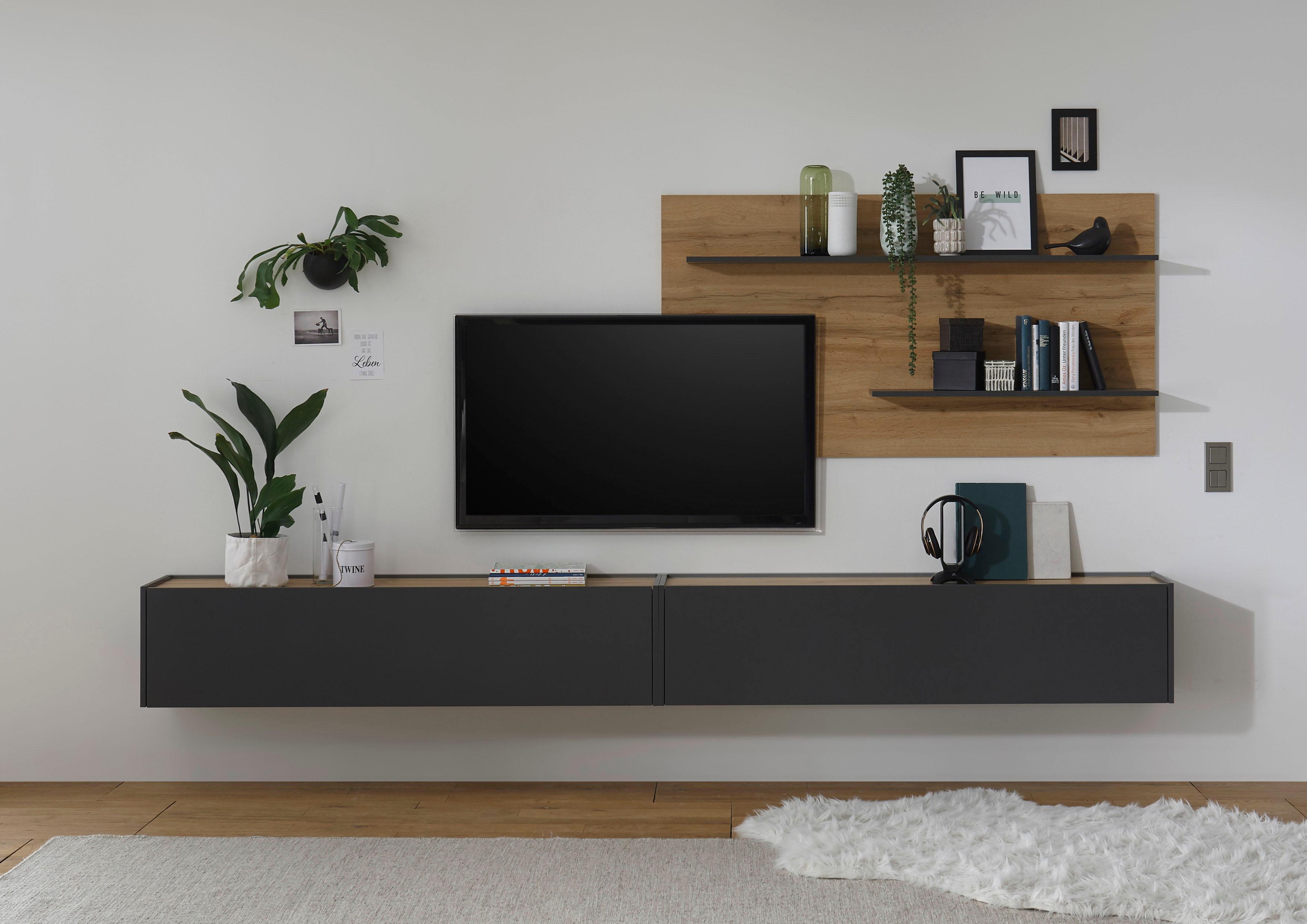 Wohnwand HOME AFFAIRE "City/Giron, moderne Anbauwand, Komplettset in vielen Farben verfügbar", grau (anthrazit), B:300cm H:180cm T:30cm, Holzwerkstoff, Kastenmöbel-Sets, Wohnwand, enthält zwei Hängeschränke & ein Wandpaneel