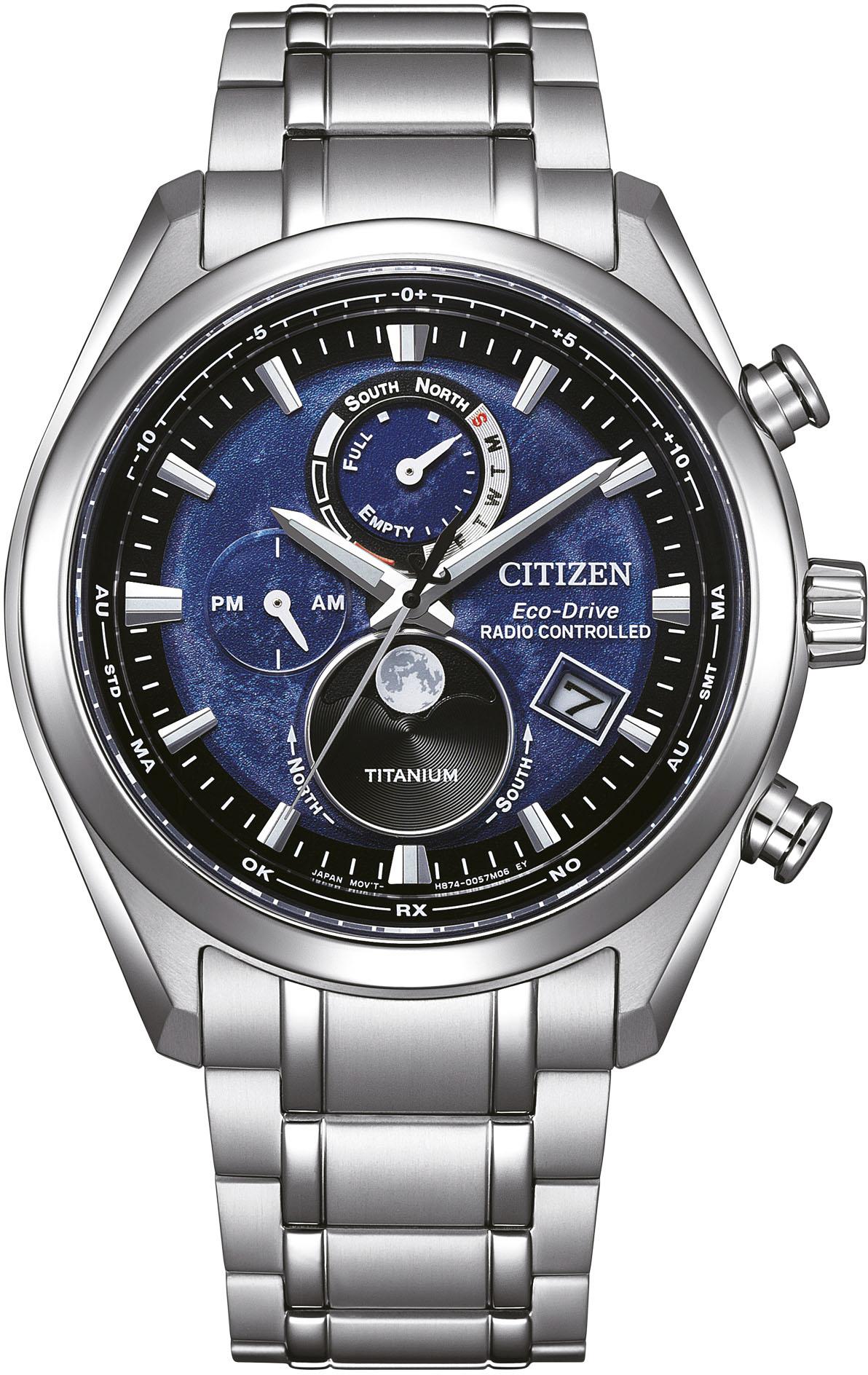 Funkchronograph CITIZEN "Tsuki-yomi", silber (titansilberfarben, blau), Armbanduhren, Herren, Funkchronograph, Armbanduhr, Herrenuhr, Solar, Titan, Stoppfunktion, Mondphase
