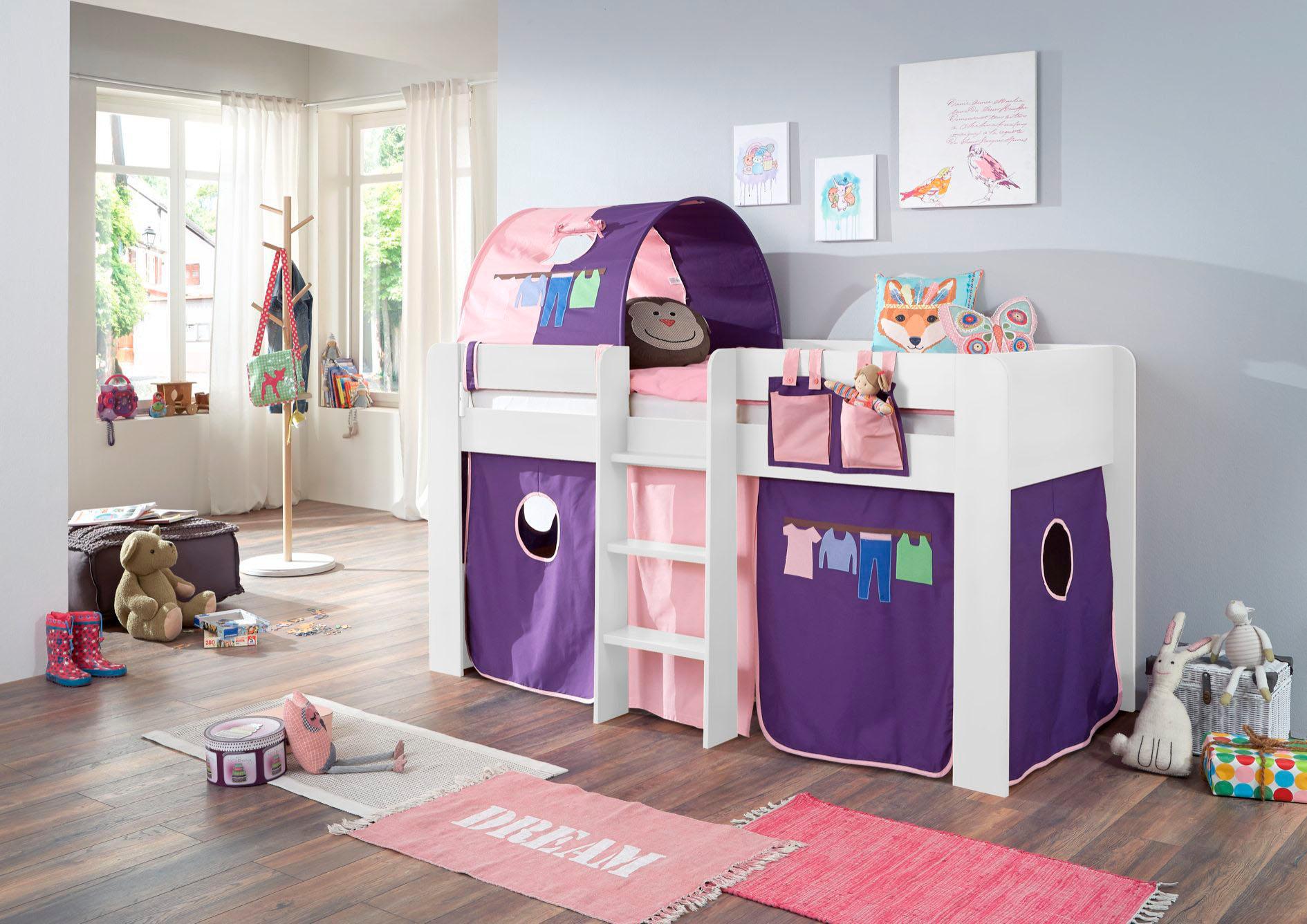 Hochbett RELITA "Andi", rosa (buche dekor weiß rosa, violett), Liegefläche B/L: 90cm x 200cm, kein Härtegrad, kein Härtegrad, Stoff: 100% Baumwolle (bei 30 C waschbar), Hochbetten, Hochbett, mit Rolllattenrost, Textil-Set und Leiter, pflegel. Dekor Oberfläche