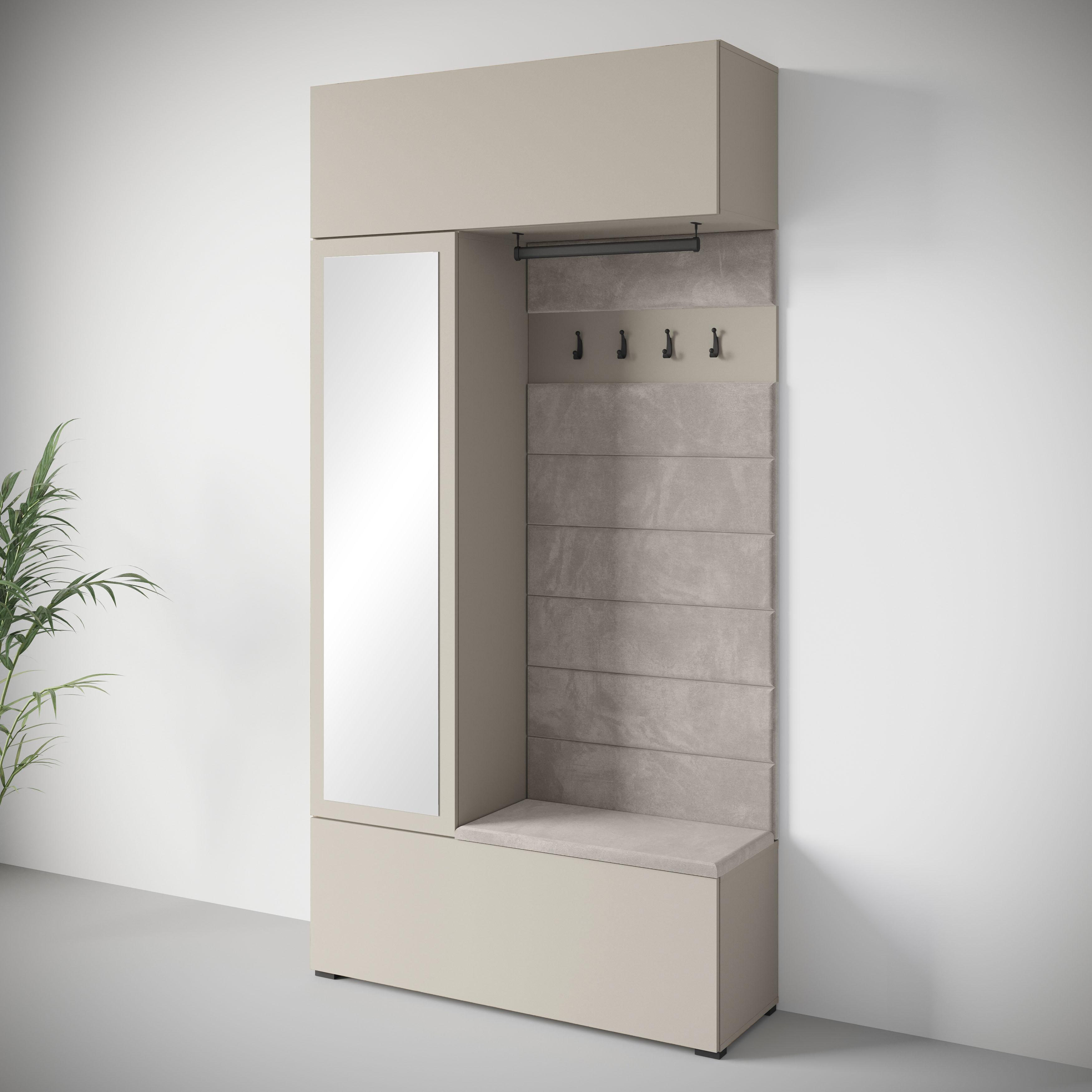 Garderoben-Set HOME AFFAIRE "TEJO", kaschmir, B:115cm H:231,9cm T:37,5cm, Holzwerkstoff, Kastenmöbel-Sets, Garderoben-Set, Mit Spiegel, gepolsterte Sitzbank, Türanschlag links/rechts wechselbar