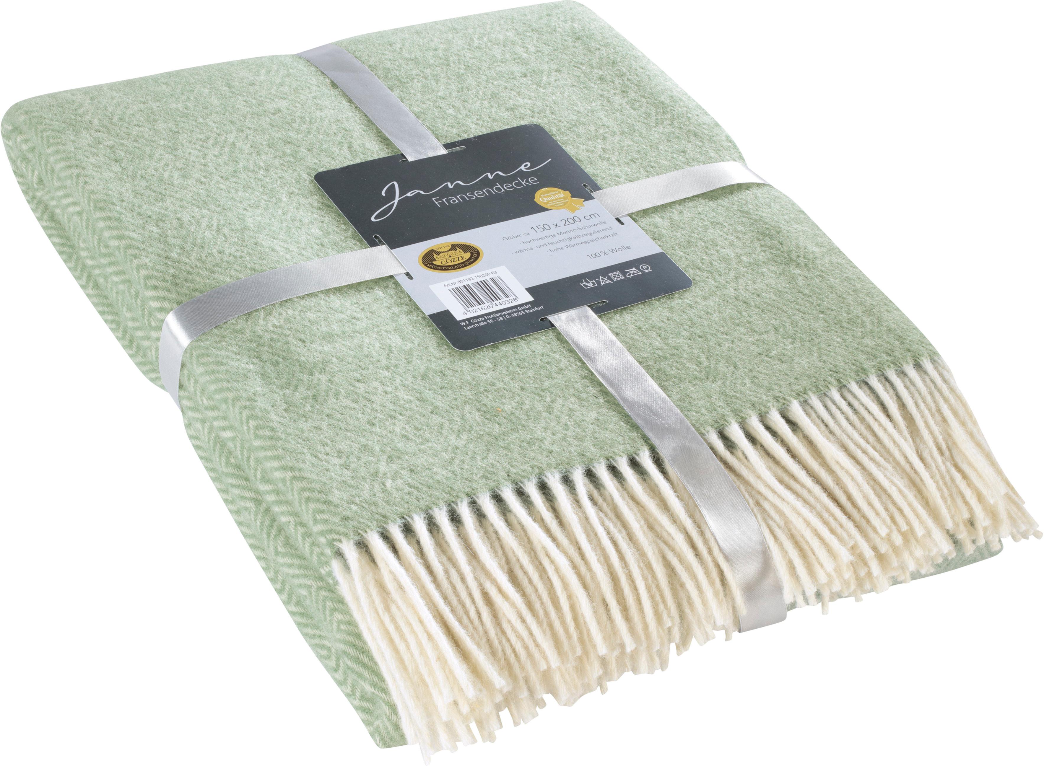 Wolldecke GÖZZE "Fransendecke Janne", grün (mint), B:150cm L:200cm, Wolle, Wohndecken, Wolldecke, mit Fransen