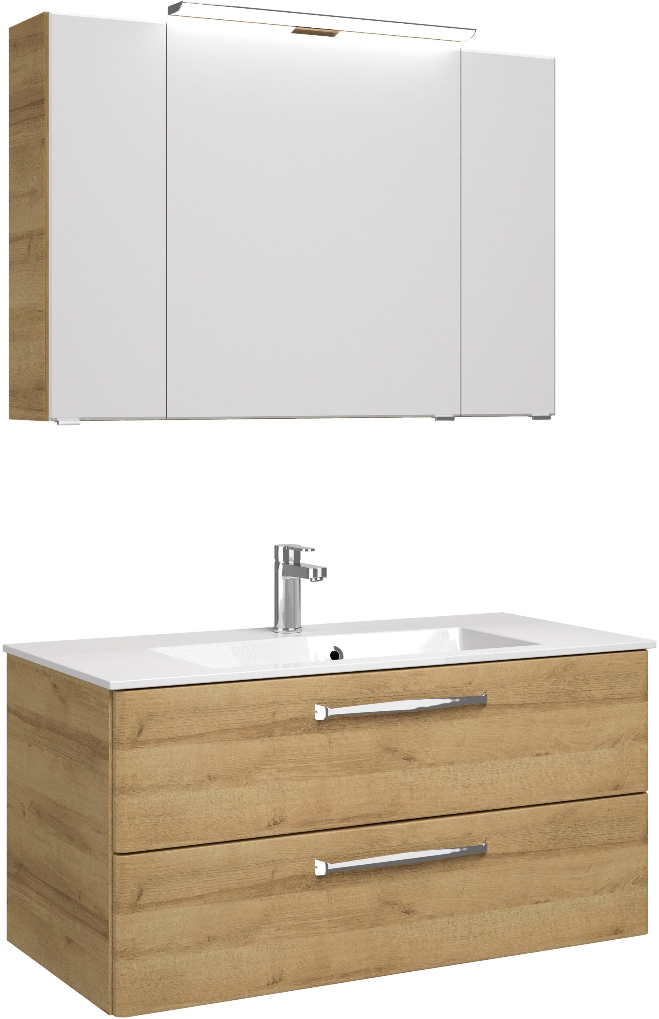 Badmöbel-Set SAPHIR "Trentino 2-tlg Mineralmarmor-Waschtisch, Spiegelschrank mit LED-Profil", braun (riviera eiche quer nb), Kastenmöbel-Sets, Badmöbel-Set, Badmöbel-Set 110cm breit, inkl. Türdämpfer, 3 Türen, 2 Auszügen