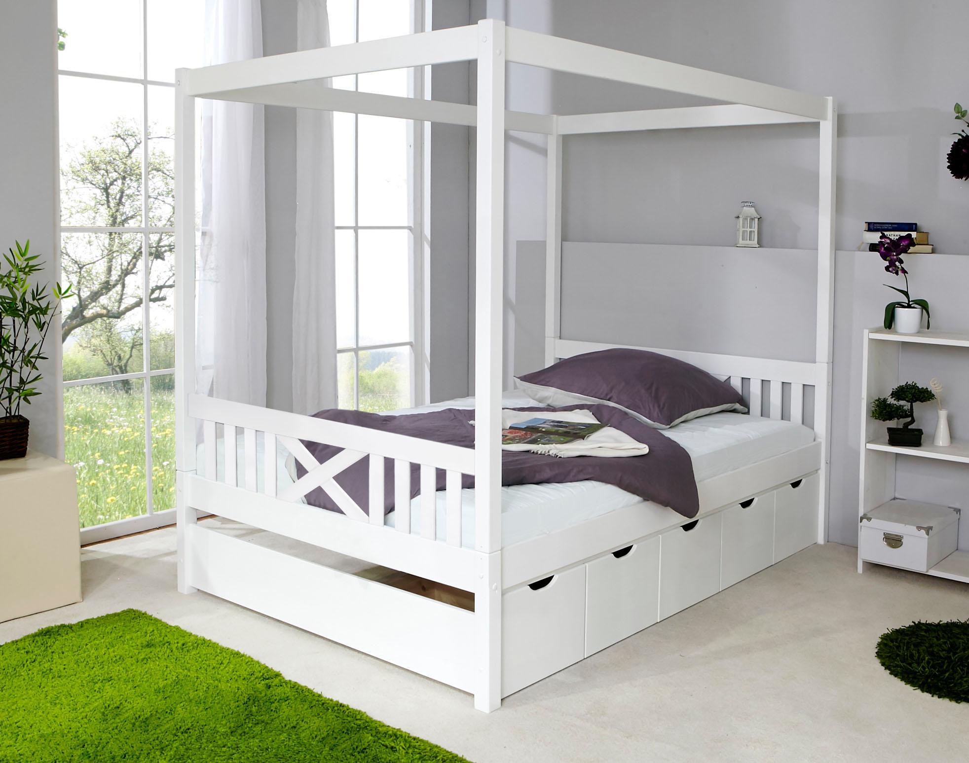 Himmelbett TICAA "Lino", weiß (kiefer massiv weiß gewachst), B:148cm, Betten, Himmelbett, Himmelbett, inkl. Schubkasten und Rollrost