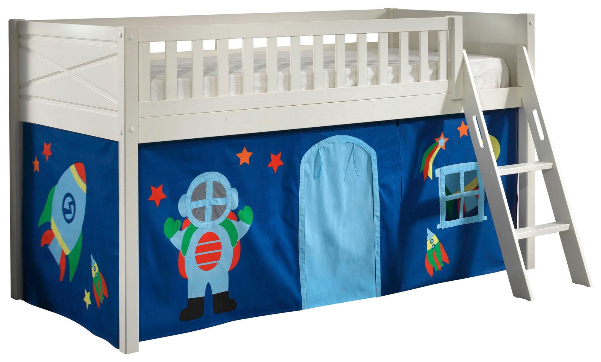 Hochbett VIPACK "Scott", weiß (weiß, blau mit design weltall, weiß, weiß), B:134,7cm H:114cm L:207,6cm, 100% Baumwolle, Hochbetten, Hochbett, mit schräger Leiter, LF 90x200 cm, Vorhang, Tunnel, 4 Designs