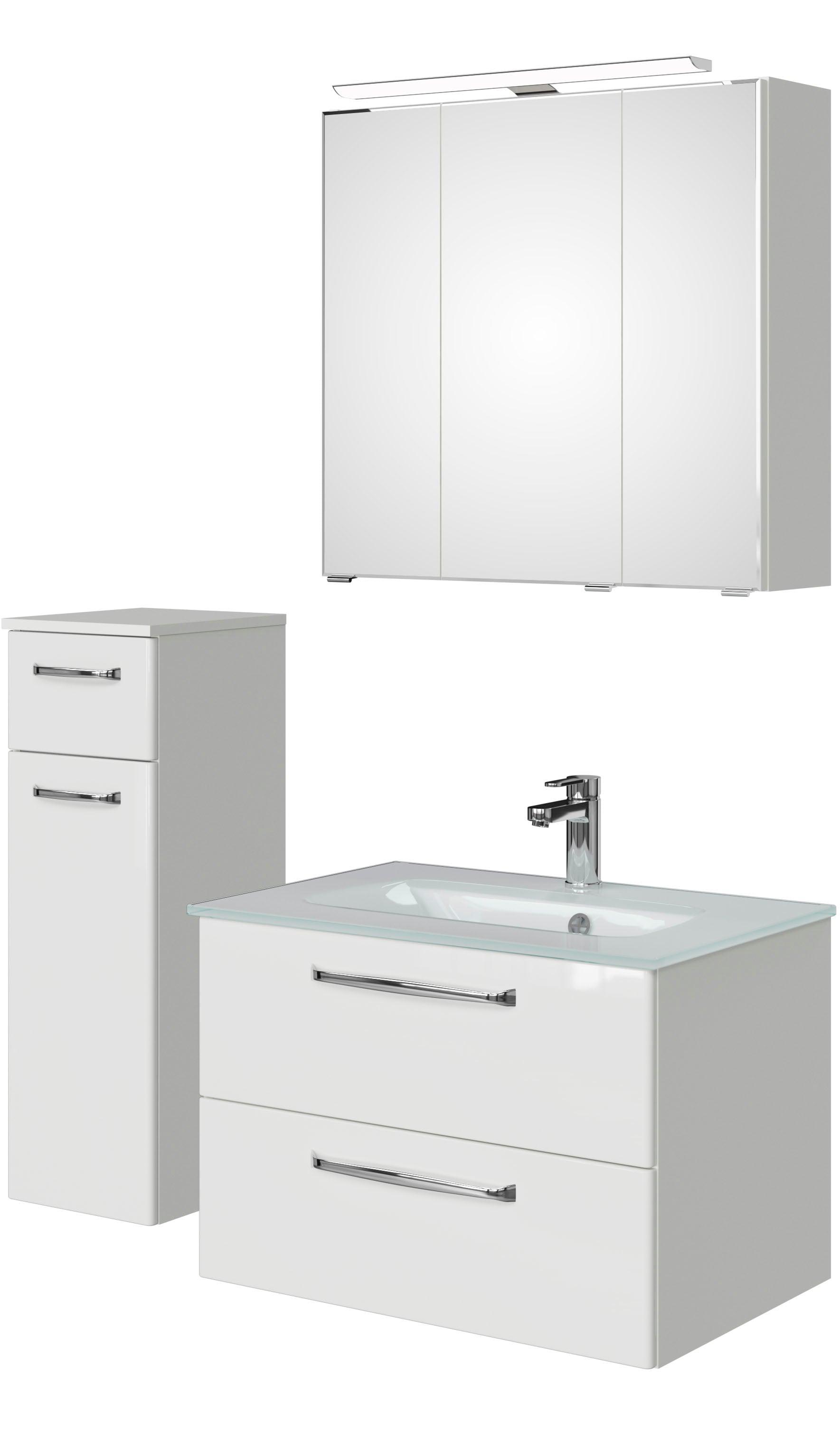 Badmöbel-Set SAPHIR "Badmöbel-Set Trentino 3-teilig Glas-Waschtisch mit LED-Spiegelschrank", weiß (weiß hochglanz), Kastenmöbel-Sets, Badmöbel-Set, Badezimmer-Set mit Unterschrank inkl. Türdämpfer