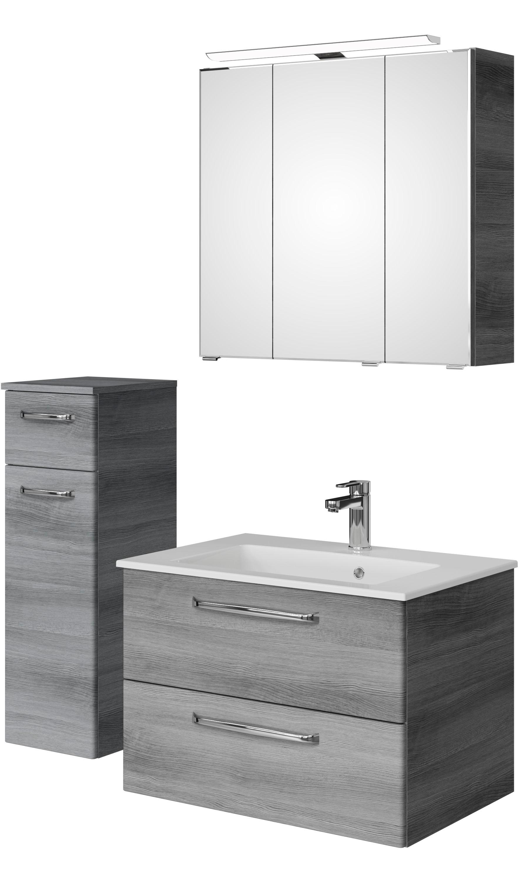 Badmöbel-Set SAPHIR "Badmöbel-Set Trentino 3-tlg Mineralmarmorwaschtisch LED-Spiegelschrank", grau (graphit struktur quer nb), Kastenmöbel-Sets, Badmöbel-Set, Badezimmer-Set mit Unterschrank inkl. Türdämpfer