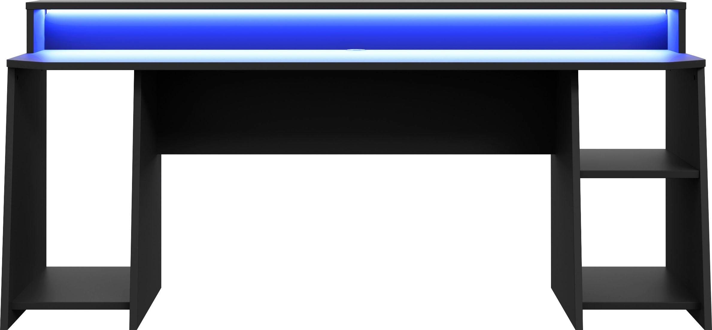 Gamingtisch FORTE "Tezaur", schwarz, B:200cm H:91,1cm T:72cm, Tische, Gamingtisch, Schreibtisch mit RGB-Beleuchtung und Halterungen, Breite 200 cm