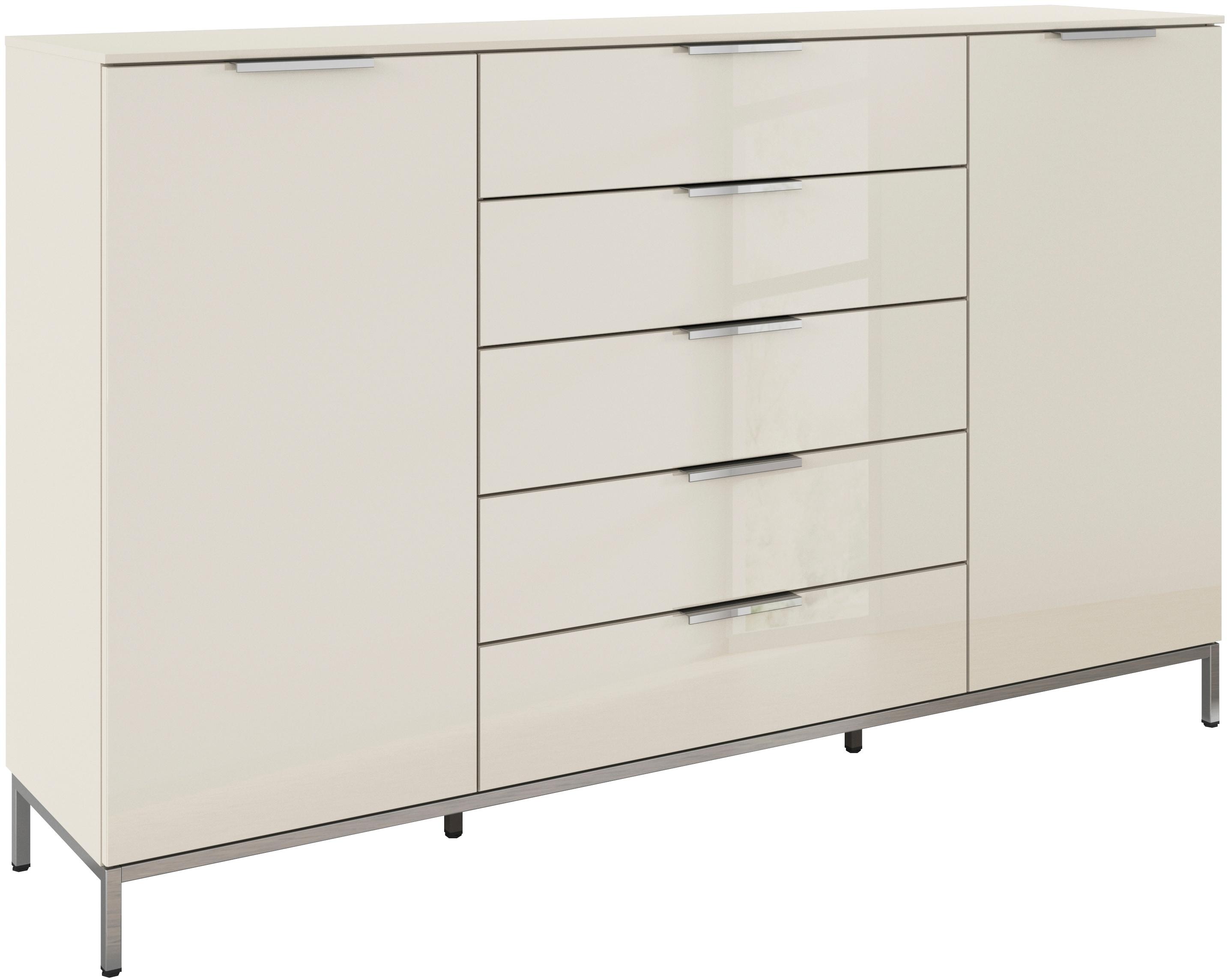 Schubkastenkommode RAUCH "Kommode Türkommode Sideboard Kombikommode FLIPP mit Glasfront", beige (beige, glas beige (champagner)), B:180cm H:111cm T:42cm, Holzwerkstoff, Sideboards, Schubkastenkommode, 2-trg mit 5 Schubladen und Soft-Close-Funktion, Glasfront, 2 Breiten