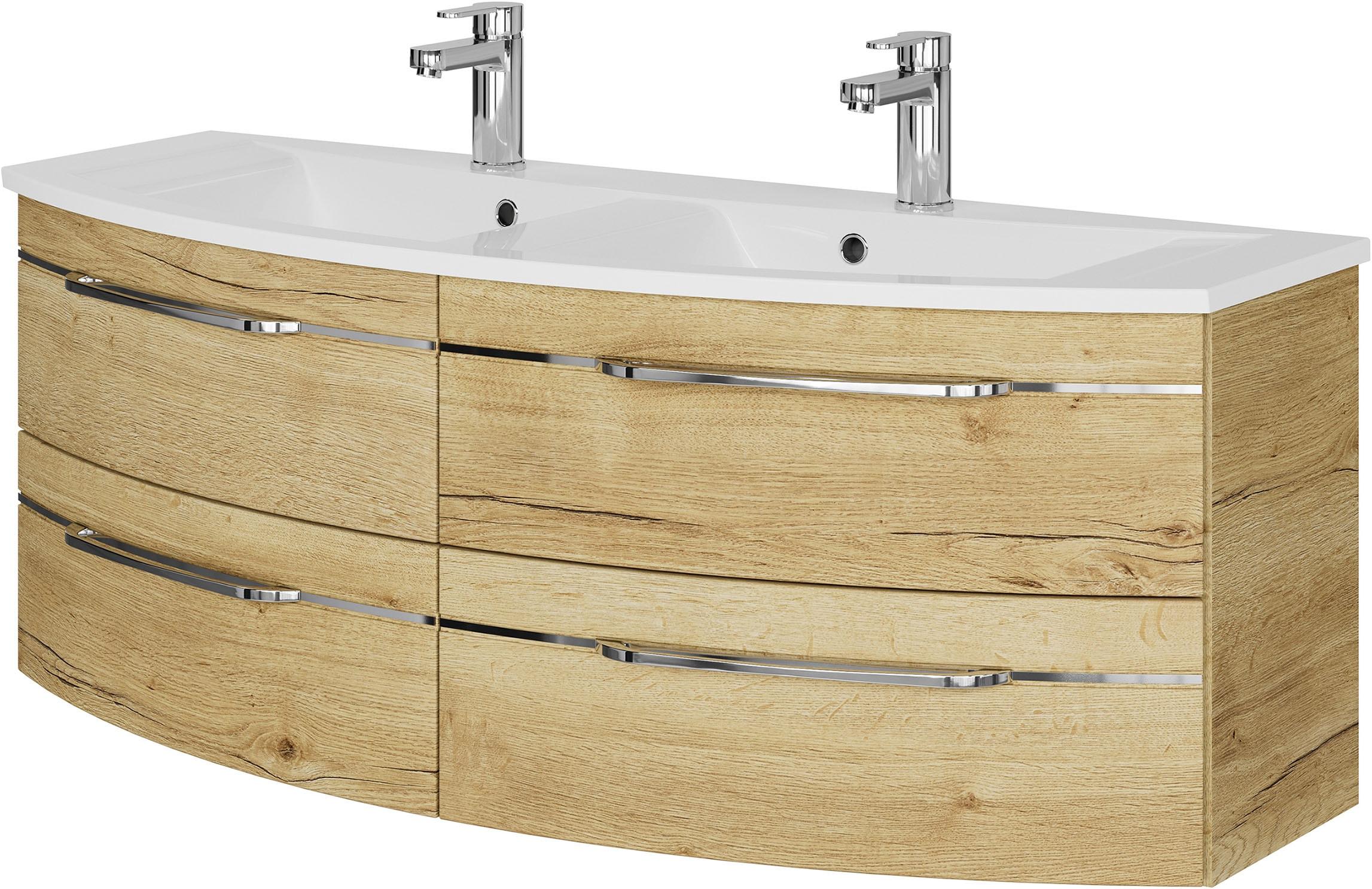 Waschtisch SAPHIR "Serie 7045 Mineralmarmor-Waschtisch und Unterschrank, 131 cm breit", braun (halifax eiche quer nachbildung), B:131cm H:50,2cm T:51,8cm, Waschtische, Waschtisch, Doppel-Waschplatz mit 4 Schubladen, Badmöbel Set mit Waschtisch