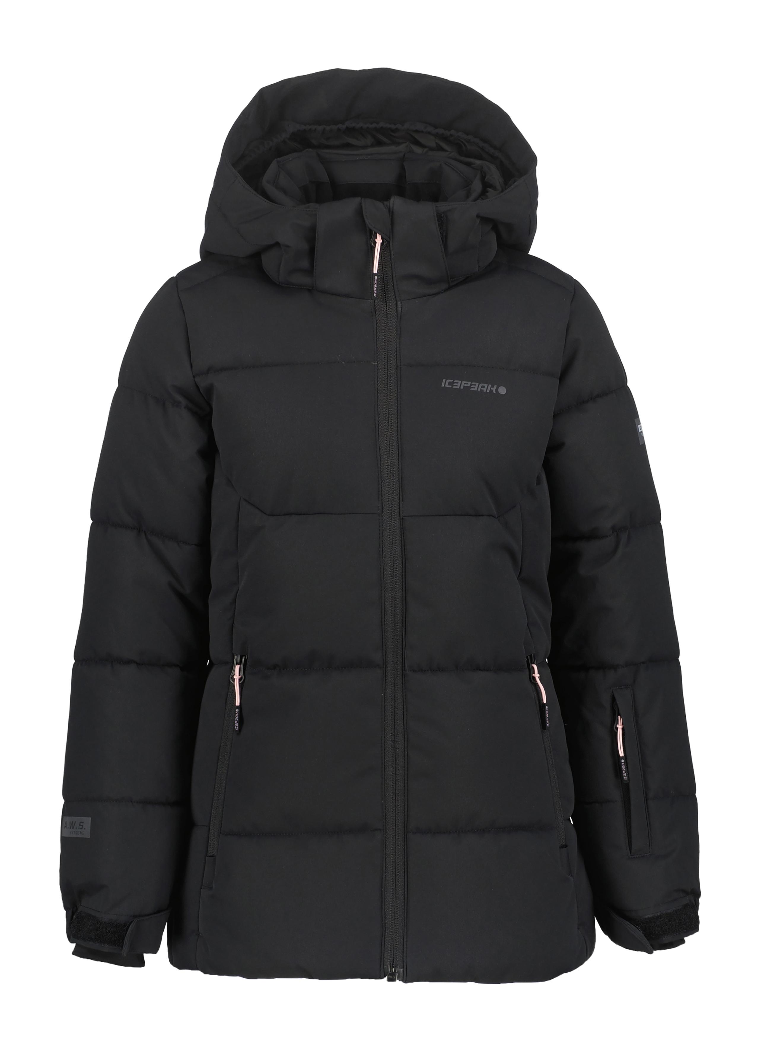 Skijacke ICEPEAK "ICEPEAK LORIS JR", Mädchen, Gr. 140, basic schwarz, Web, Obermaterial: 100% Polyester, normal, hoch geschlossener Ausschnitt, Jacken Skijacke, wasserabweisendes Obermaterial aus Polyester, sportlicher Stil