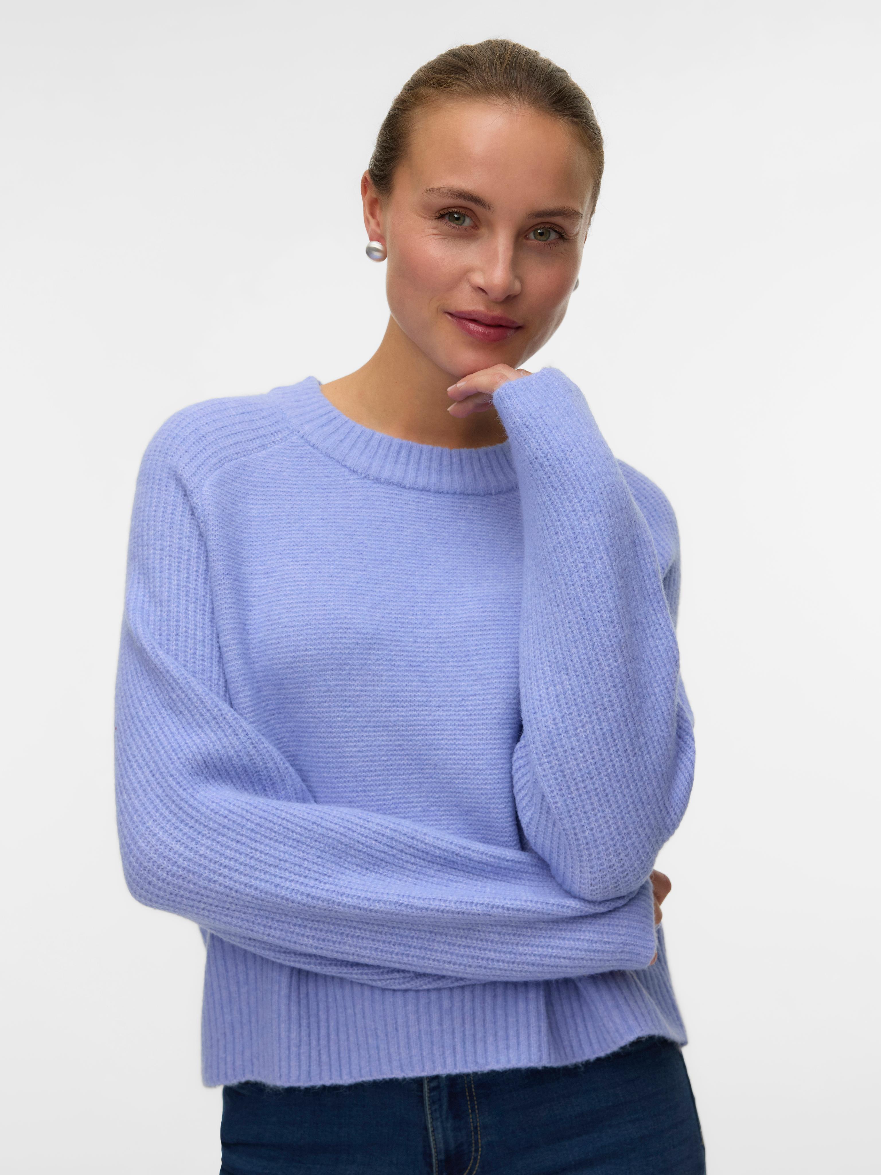Strickpullover VERO MODA "VMBANG LS O-NECK PULLOVER BOO", Damen, Gr. XS, baby lavender detail:melange, Strick, Obermaterial: 78% Polyester, 12% Nylon, 8% Wolle, 2% Elasthan, meliert, regular fit, Rundhals, Pullover Strickpullover