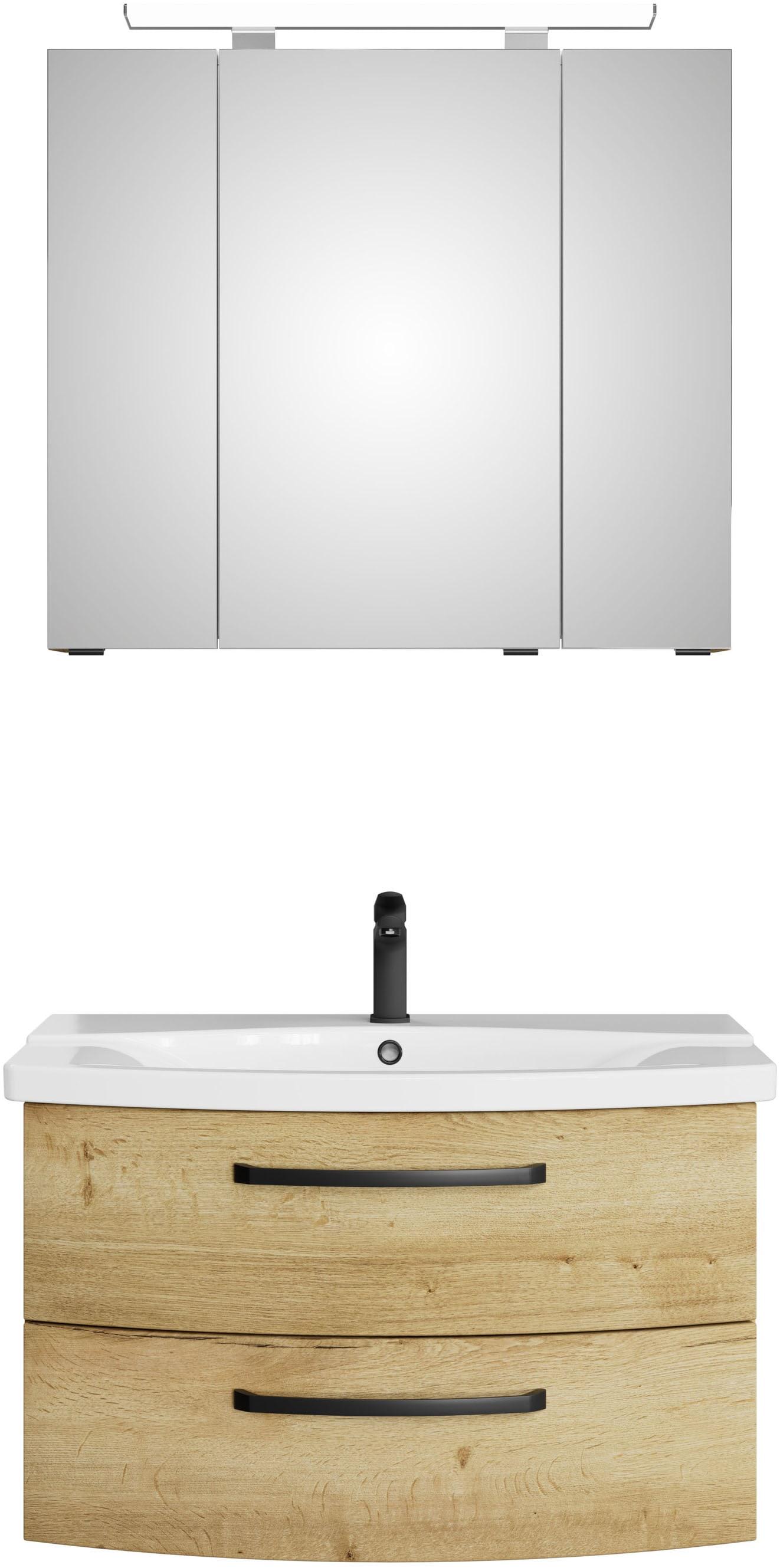 Badmöbel-Set SAPHIR "Serie 4010 2-teilig Keramik-Waschtisch mit LED-Spiegelschrank", braun (halifax eiche quer nachbildung), B:84cm H:200cm T:45cm, Holzwerkstoff, Kastenmöbel-Sets, Badmöbel-Set, Badezimmer Set 84 cm breit, inkl. Türdämpfer, 3 Türen, 2 Schubladen