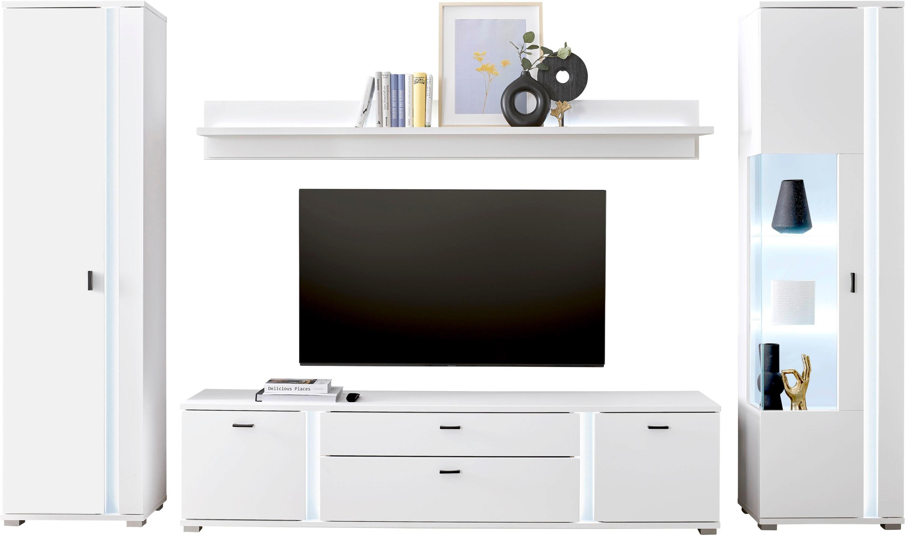 Wohnwand HOME AFFAIRE "LONG ISLAND", weiß, B:330cm H:200cm T:42cm, Holzwerkstoff, Kastenmöbel-Sets, Wohnwand, in moderner Trendfarbe,inklusive senkrechter Beleuchtung,Breite 330 cm
