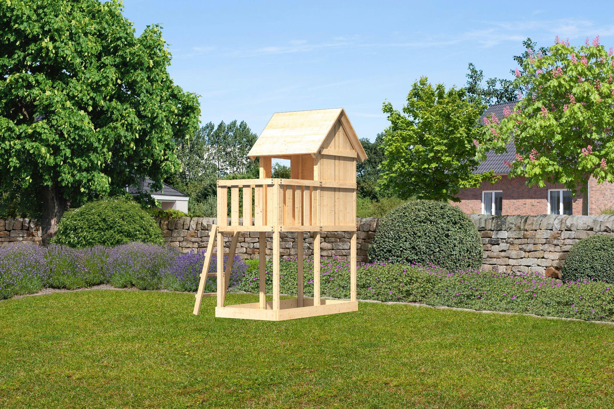 Spielturm KONIFERA "Finni", beige (natur), Spieltürme, KinderB:107cm H:291cm T:202cm, Holzwerkstoff, Spielturm, BxTxH: 107x202x291 cm, mit Sandkasten, B:107cm H:291cm T:202cm