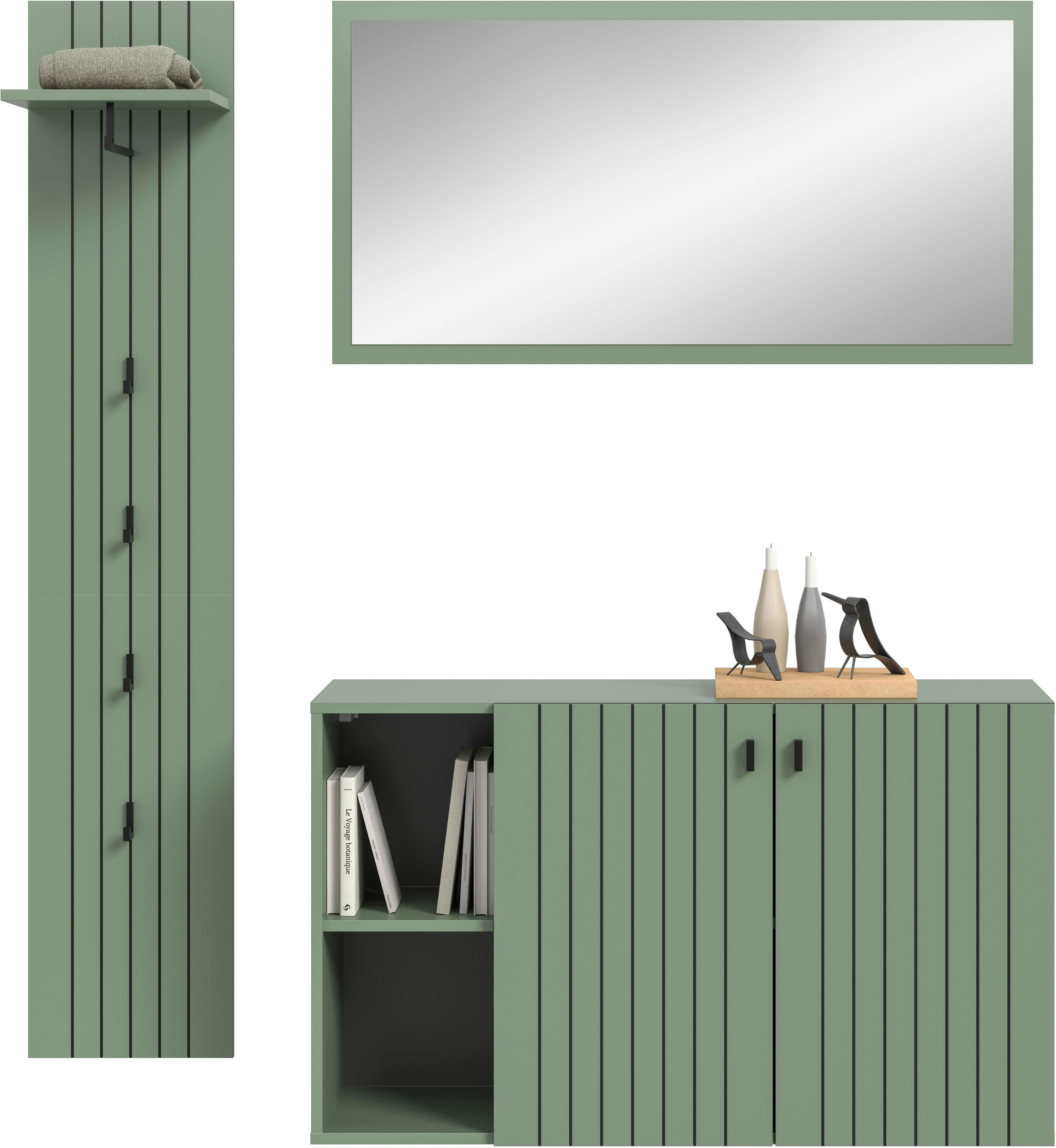 Garderoben-Set HOME AFFAIRE "TATIO, 3-tlg. Garderobenkombination, Breite: 152 cm, Rilenfräsung", smoke grün nachbildung, B:152cm H:192cm T:37cm, Holzwerkstoff, Kastenmöbel-Sets, Garderoben-Set, Garderobenkombination, Kombi, Flur-Möbel, Spiegel,Schuhkommode
