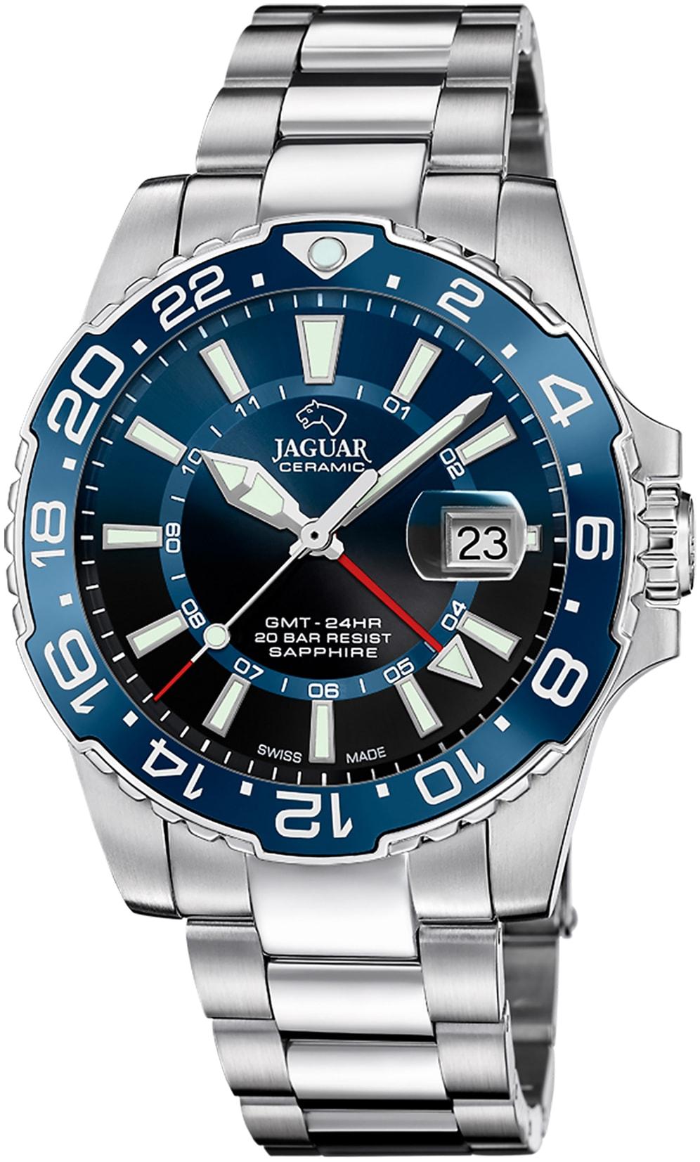 Quarzuhr JAGUAR "Executive Ceramic GMT", silber (silberfarben, blau), Armbanduhren, Herren, Quarzuhr, Armbanduhr, Herrenuhr, Saphirglas, Swiss Made, bis 20 bar wasserdicht