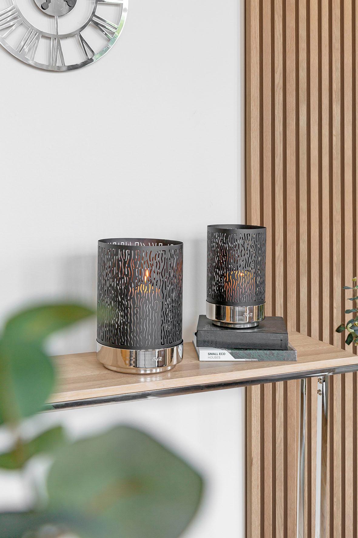 Windlicht FINK "MARIAN", silber (schwarz, silberfarben), H:26cm Ø:16cm, Eisen, Kerzenhalter, Windlicht, Kerzenhalter aus Eisen, mit wellenförmigen Cut-Outs