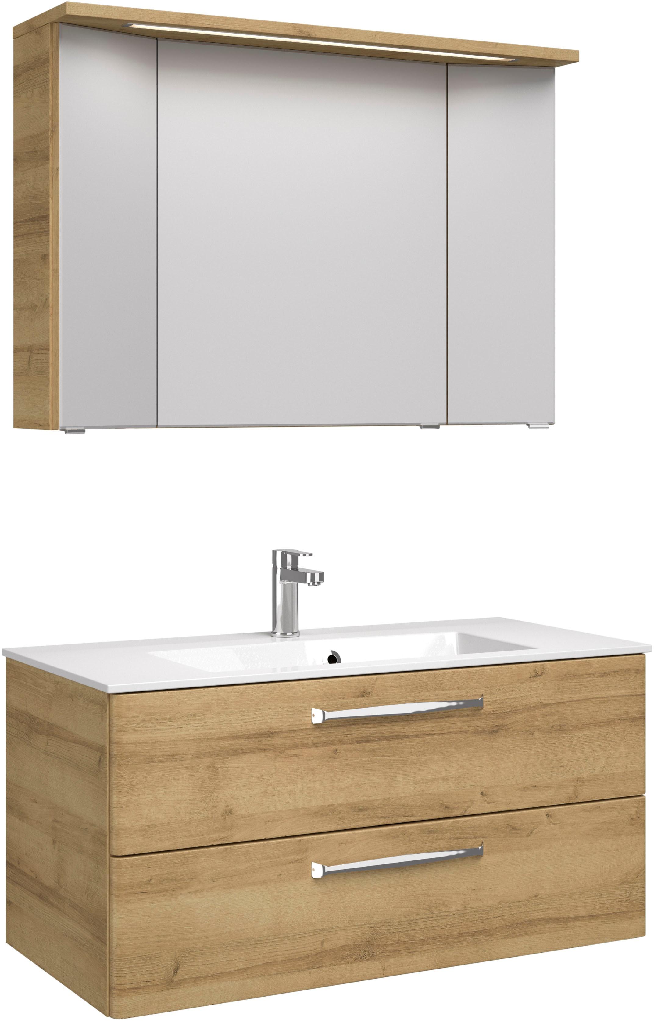 Badmöbel-Set SAPHIR "Trentino 2-teilig Mineralmarmor-Waschtisch mit LED-Spiegelschrank", braun (riviera eiche quer nb), Kastenmöbel-Sets, Badmöbel-Set, Badmöbel-Set 107cm breit, inkl. Türdämpfer, 3 Türen, 2 Auszügen