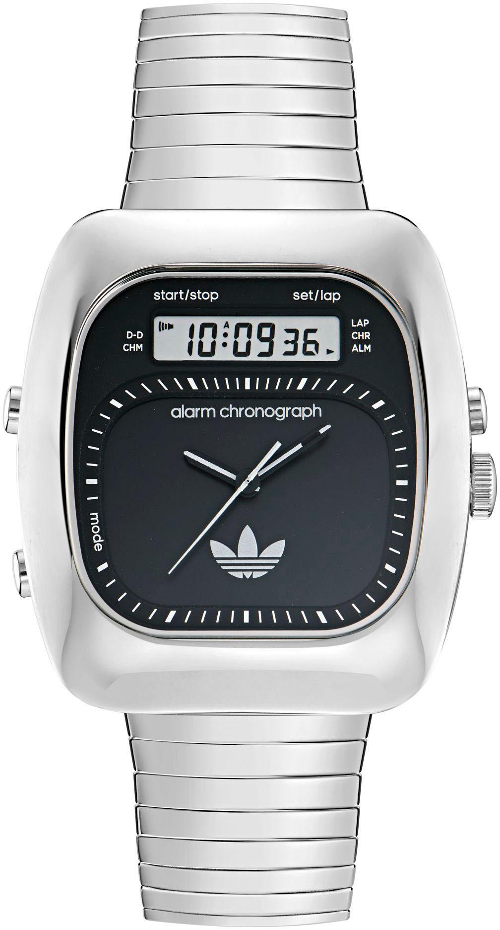 Chronograph ADIDAS ORIGINALS "RETRO WAVE THREE", silber (silberfarben), Armbanduhren, Damen, Chronograph, Armbanduhr, Herrenuhr, Damenuhr,Edelstahlarmband,Stoppfunktion,digital