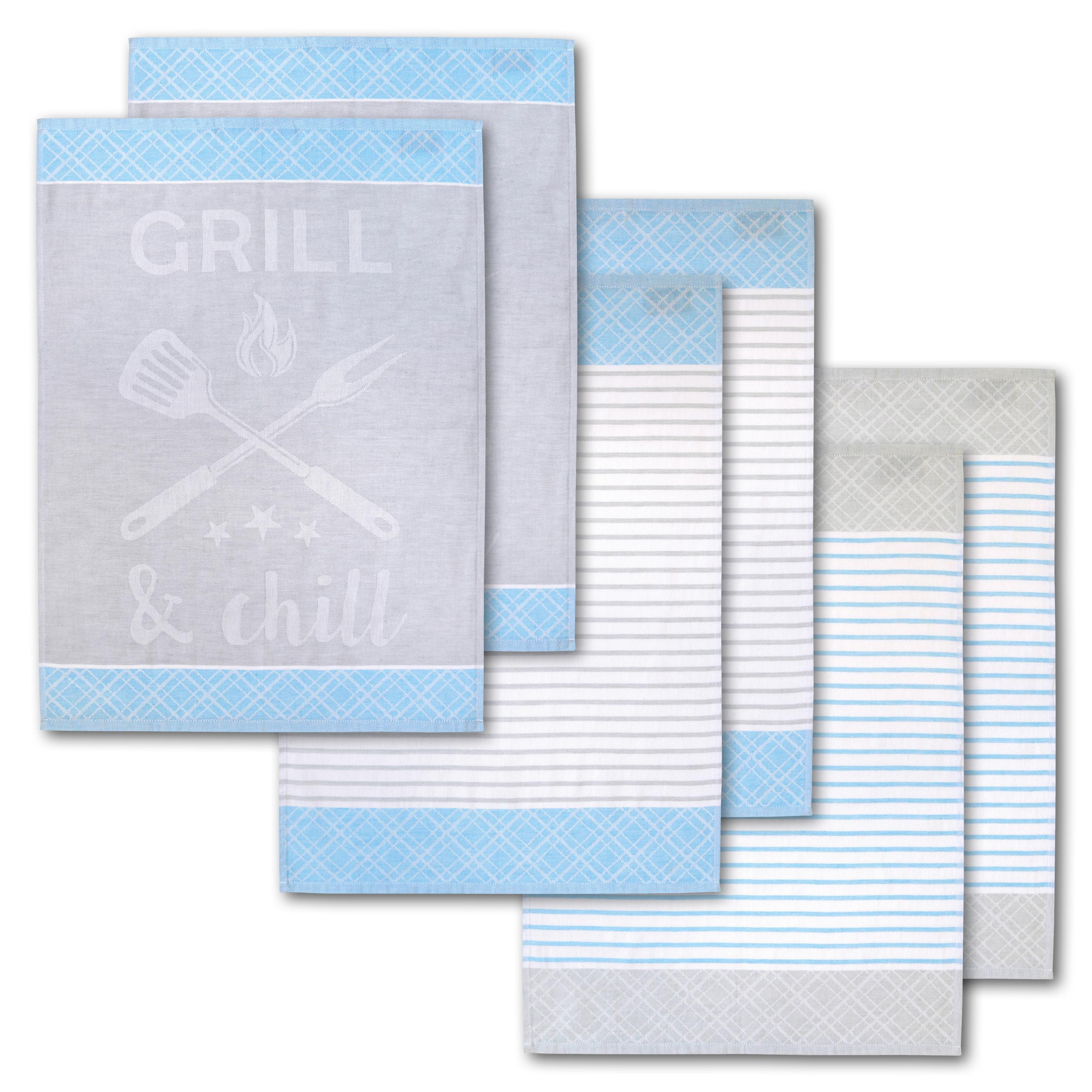 Geschirrtuch DYCKHOFF "Grill & Chill, mit 3 verschiedenen Motiven, Maße je Tuch ca. 50x70 cm", blau (aqua), B:50cm L:70cm, 100% Baumwolle, Geschirrtücher, Geschirrtuch, aus 100% Baumwolle, mit Grillbesteck-Motiv und Schriftzug