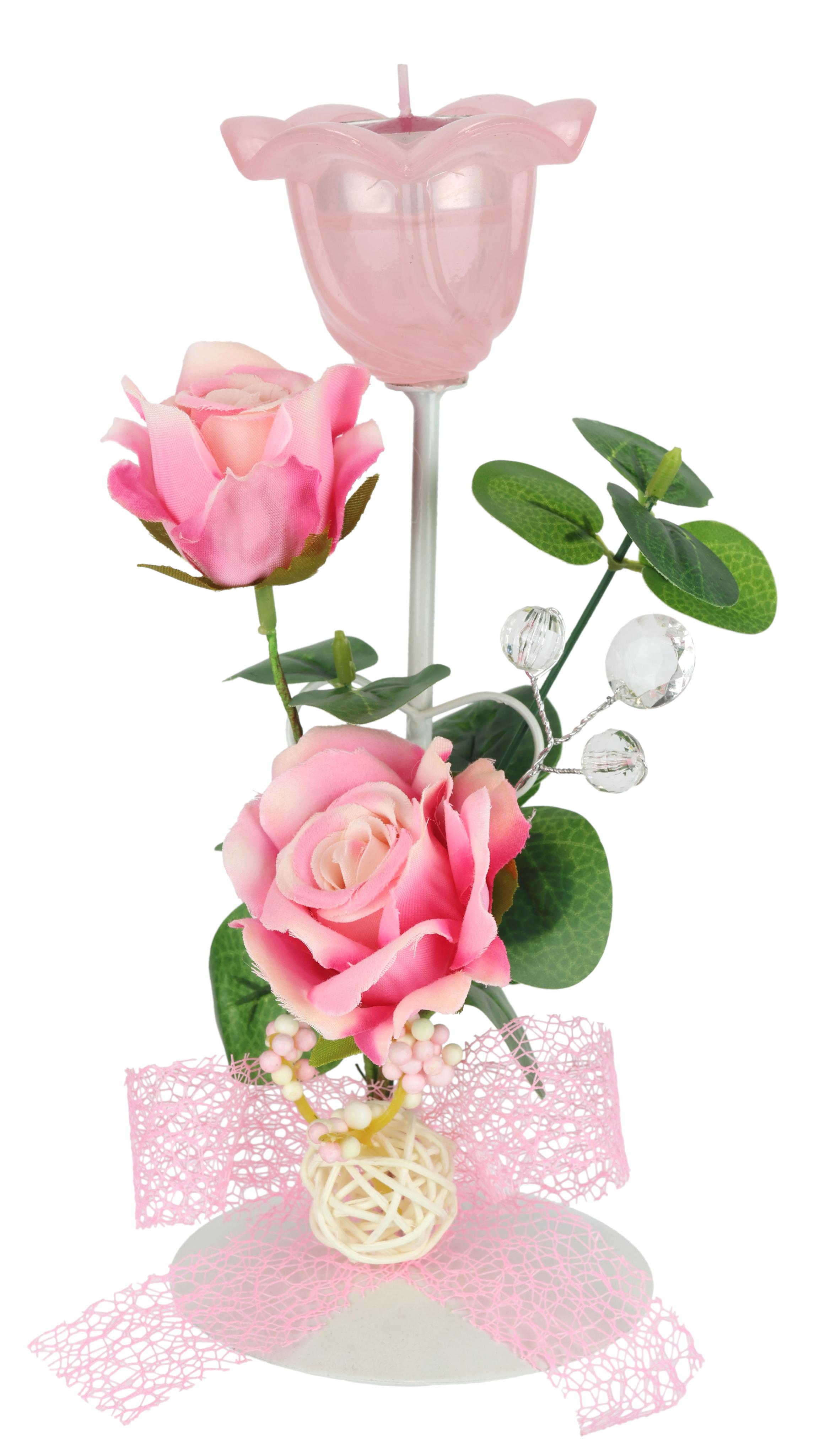 Teelichthalter I.GE.A. "Teelichthalter 'Rosen'", rosa, B:11cm H:22cm, Polyester, Kerzenhalter, Teelichthalter, Aus Metall mit Glas, Teelicht-Kerze, Rosen, Eukalyptus, Kerzenhalter