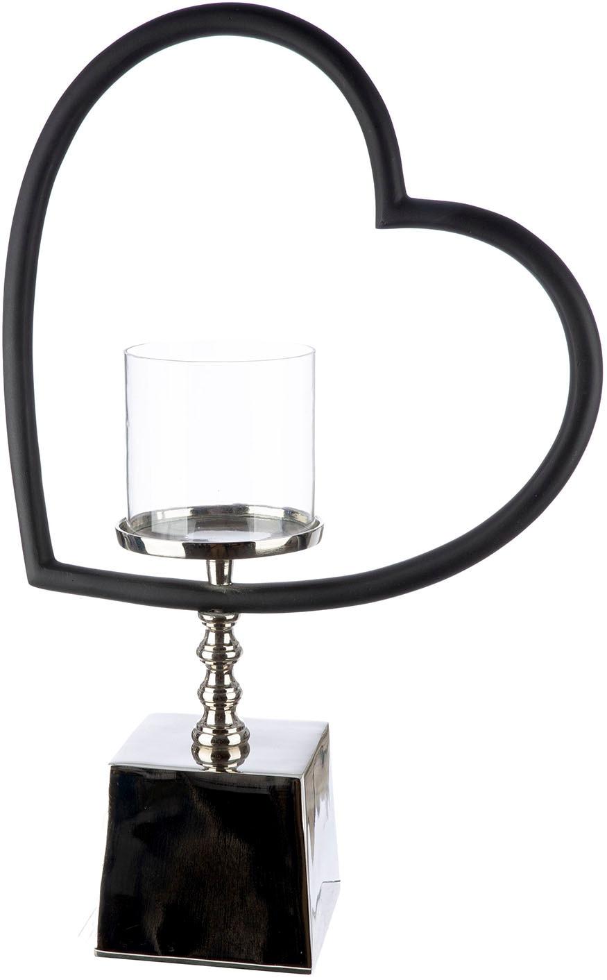Windlicht GILDE "Windlicht Herz Te quiero schwarz; silberfarben", silber (schwarz, silberfarben), B:33cm H:49cm T:11cm, Aluminium, Glas, Kerzenhalter, Windlicht