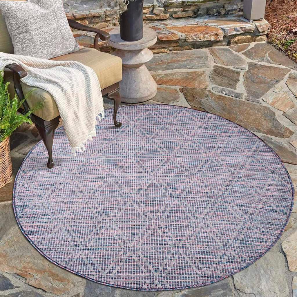 Outdoorteppich CARPET CITY "PALM3073", blau (blau, pink), H:5mm Ø:120cm, Polypropylen, Teppiche, Outdoorteppich, Wetterfest & UV-beständig, für Balkon, Terrasse, Küche, flach gewebt