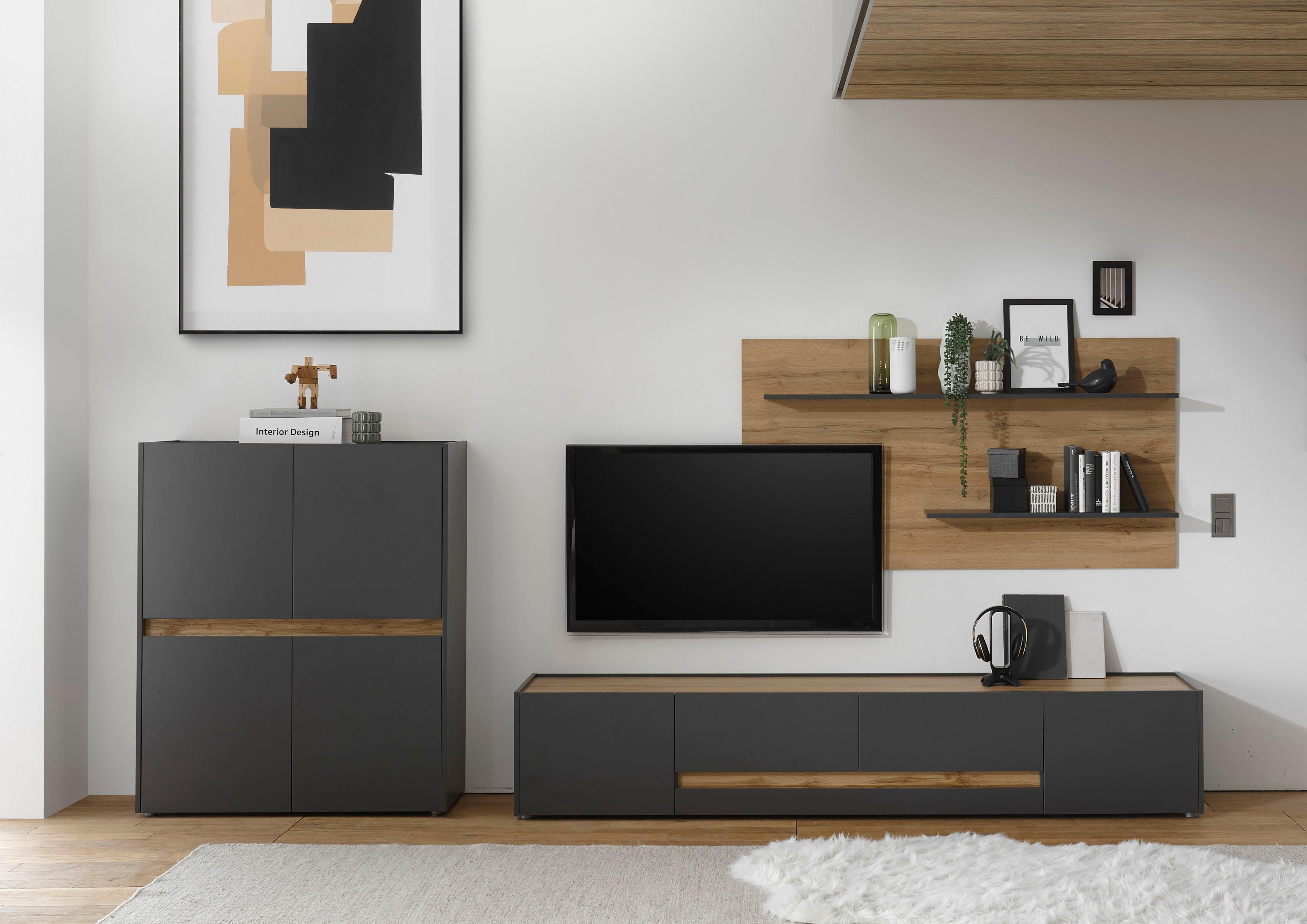 Wohnwand HOME AFFAIRE "City/Giron, moderne Anbauwand, Komplettset in vielen Farben verfügbar", grau (anthrazit), B:360cm H:180cm T:45cm, Holzwerkstoff, Kastenmöbel-Sets, Wohnwand, enthält ein Lowboard, ein Highboard & ein Wandboard