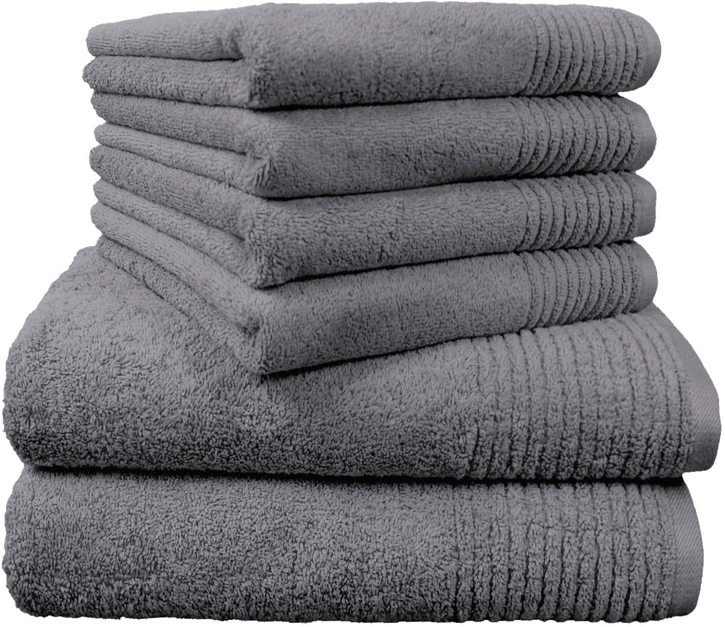 Handtuch Set DYCKHOFF "Brillant", grau, 6 Stk., Walkfrottee, Walkfrottee, Obermaterial: 100% Baumwolle, Handtuch-Sets, Handtuch Set, mit Streifenbordüre;4 Handtücher (50x100cm), 2 Duschtücher (70x140cm)