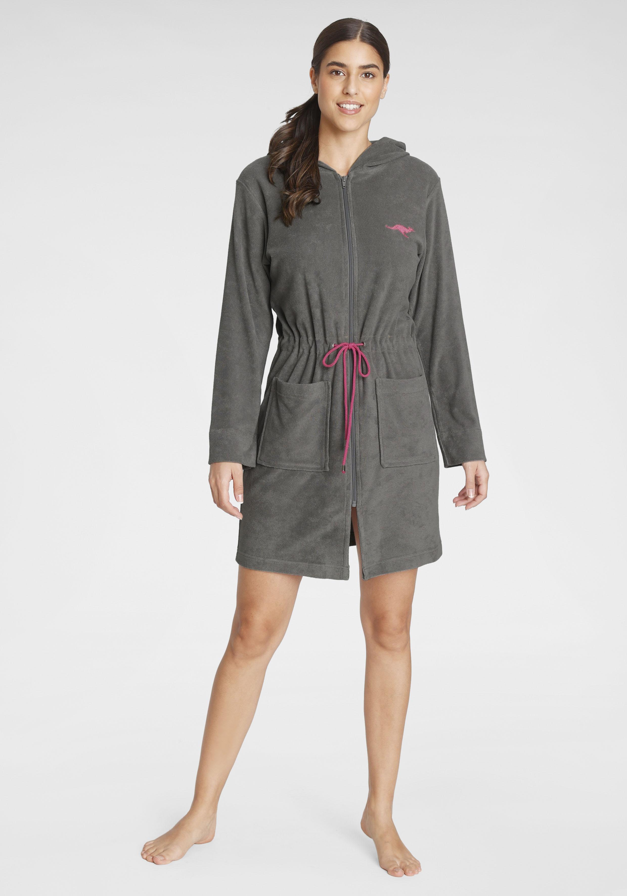 Damenbademantel KANGAROOS "Kira, ideal für Sauna & Spa, Hotelbademantel, Morgenmantel" Gr. XXL, grau, L:95cm, Leichtfrottier, Hausmäntel, Damenbademantel, mit Bindekordel, kurz, Bademäntel für Damen, XS-3XL, Topseller