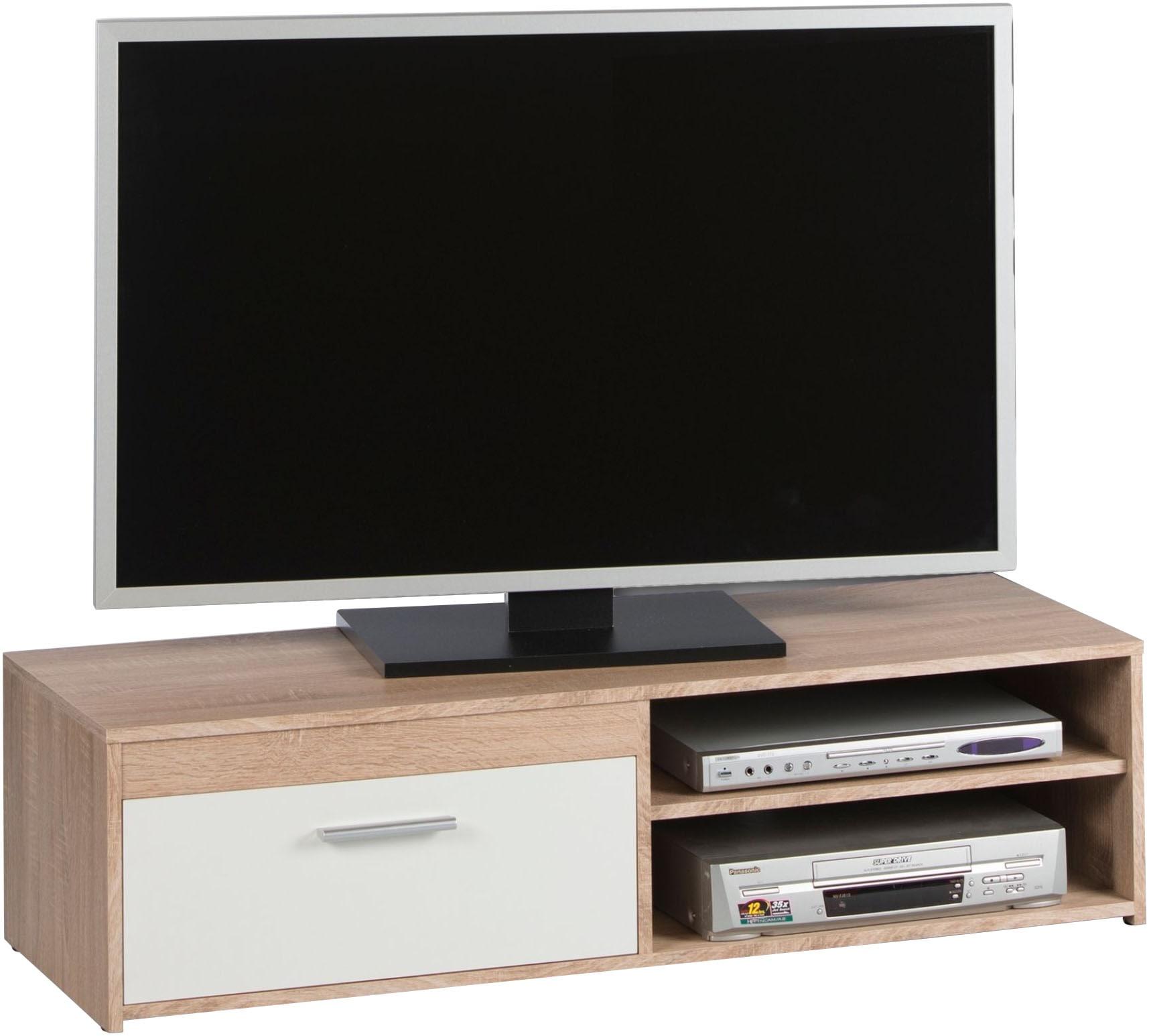 TV-Schrank STOLKOM "Gemma", weiß (sonoma eiche, weiß dekor), B:120cm H:32cm T:38cm, Holzwerkstoff, Schränke, TV-Schrank, 2 offenen Fächern und 1 Klappe, TV bis 42 zoll geeignet