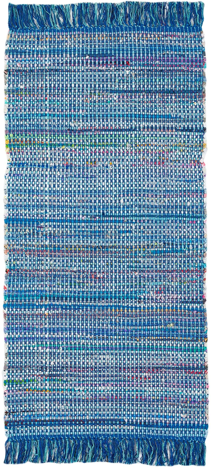 Teppich ANDIAMO "Frida" Gr. 2, blau, B:60cm H:8mm L:120cm, Baumwolle, Teppiche, Teppich, Handweb Teppich, Fleckerl, reine Baumwolle, handgewebt, mit Fransen